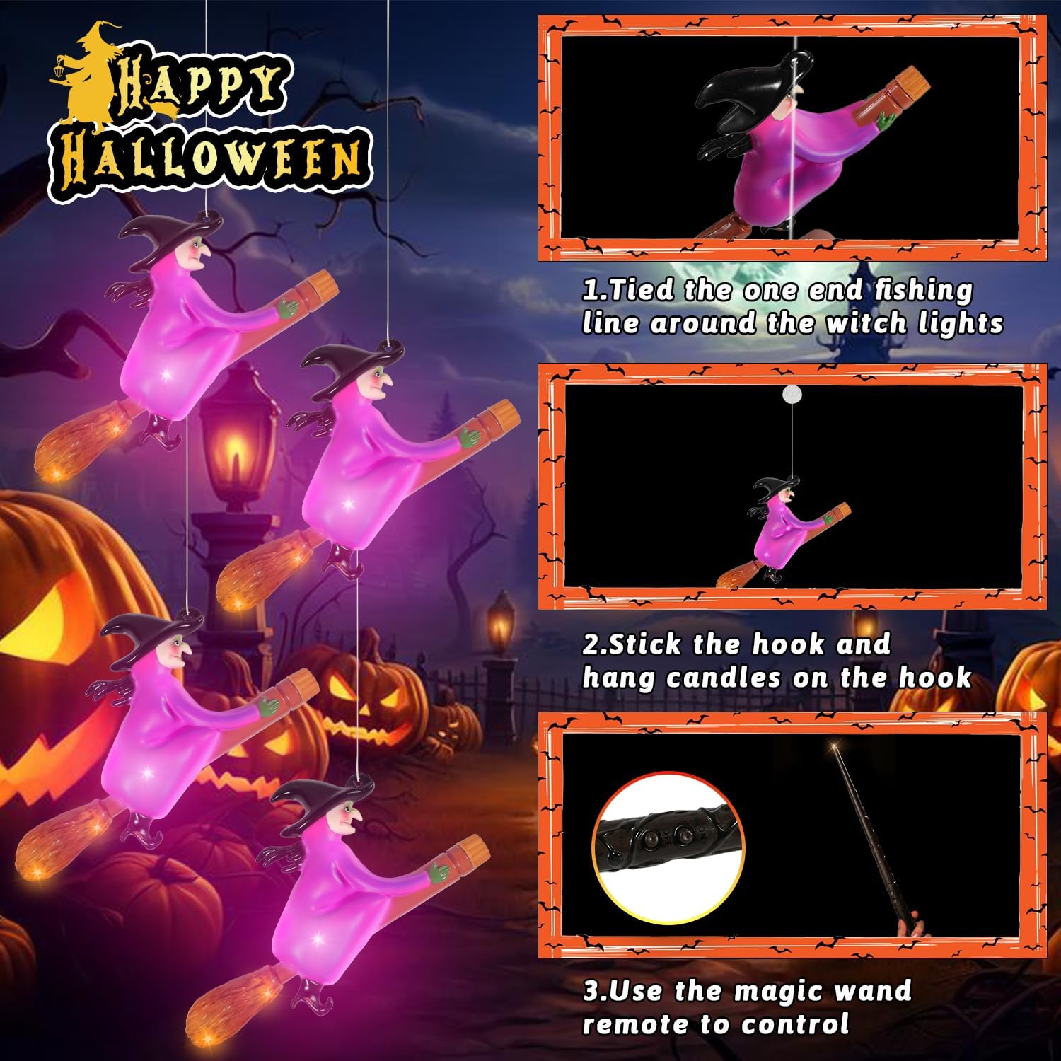 Halloween Decorations Flameless Candles With Witch Flying On Broomsticks, Hanging Led Light Flying Witch Remote By Magica Wand,