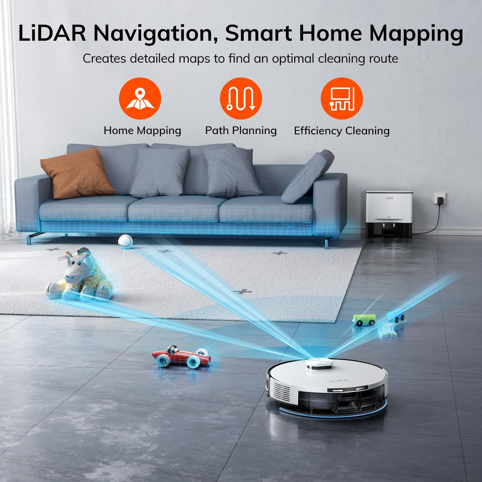 Ilife A30 Pro Robot Vacuum And Mop, Self Emptying Station For 60 Days, 5000Pa Suction, Lidar Navigation, No-Go Zones, 2.4G Wifi/