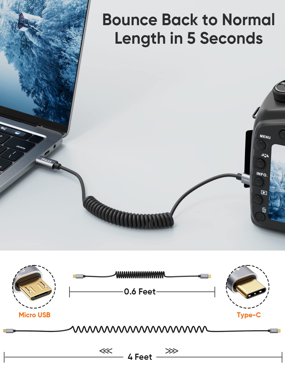 Cablecreation Coiled Micro Usb To Usb C Cable 4Ft Coiled Usb C To Micro Usb Otg 480Mbps Type C To Micro Usb Cable To Usb C To Us