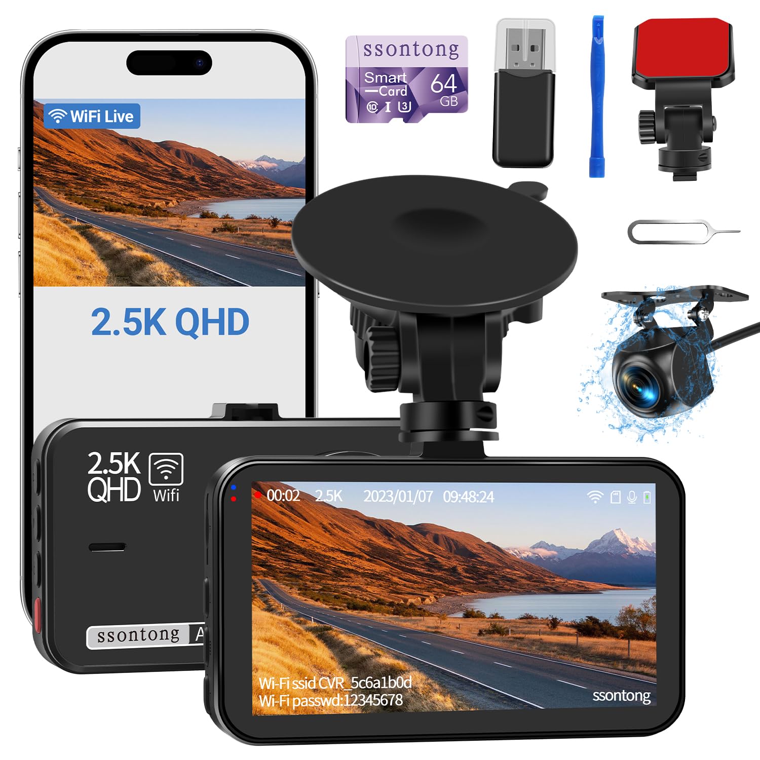 Dash Cam Front And Rear, Dash Camera For Cars Wifi/App Control Dual Dashcam W/ 64Gb Card, 2.5K Dash Cam Front+1080P Rear Car Cam