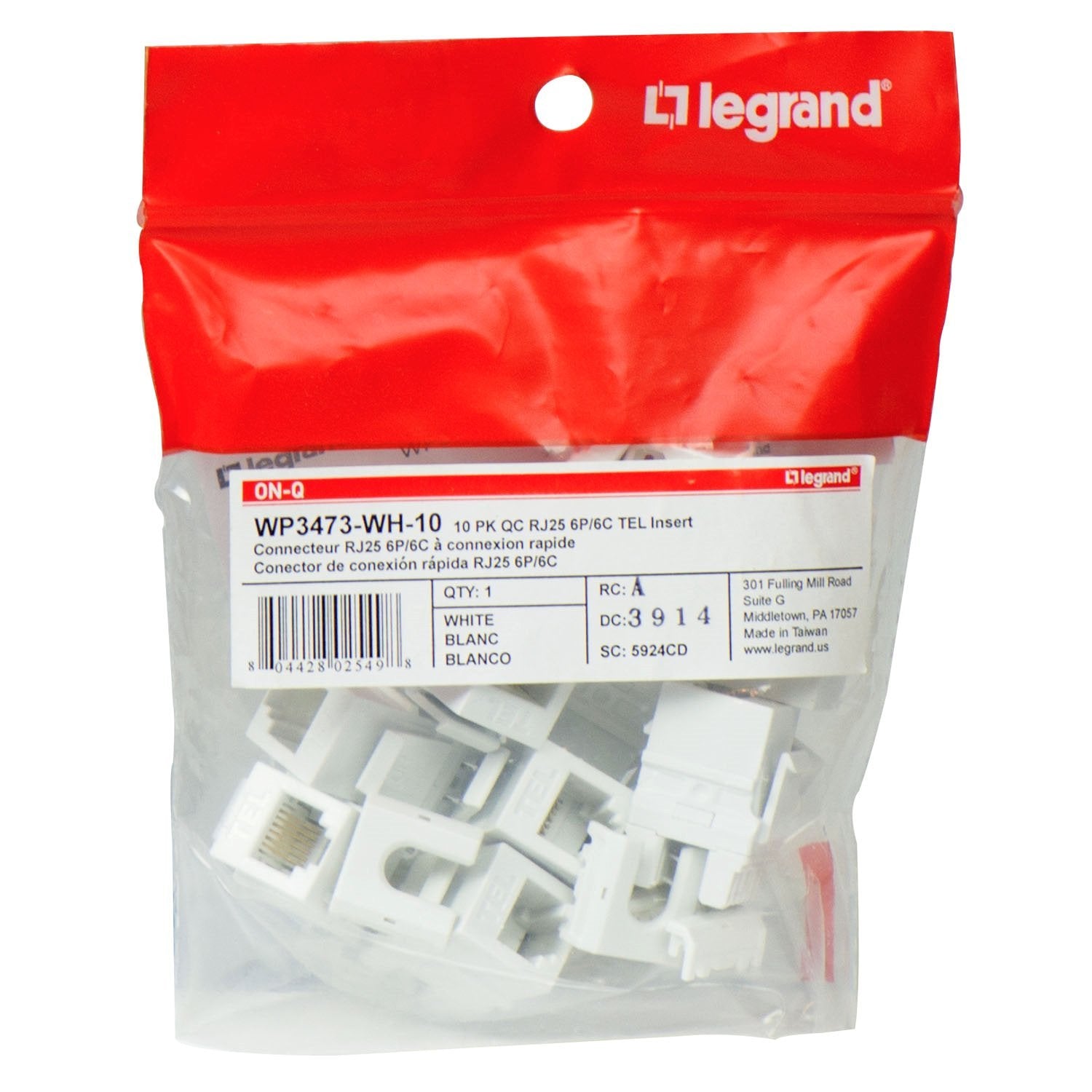 Legrand   Onq Telephone Keystone Jack Rj45, 6P6C Insert, Quickconnect Universal Keystone Connector For Phone Connections, Rear M