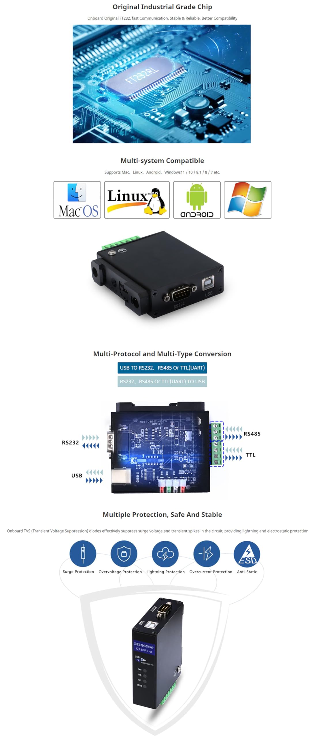 Xicoolee Usb To Rs232/485/Ttl Converter Onboard Ft232Rl Industrial Grade Usb To Rs485 Compatible With Mac Linux Android Windows