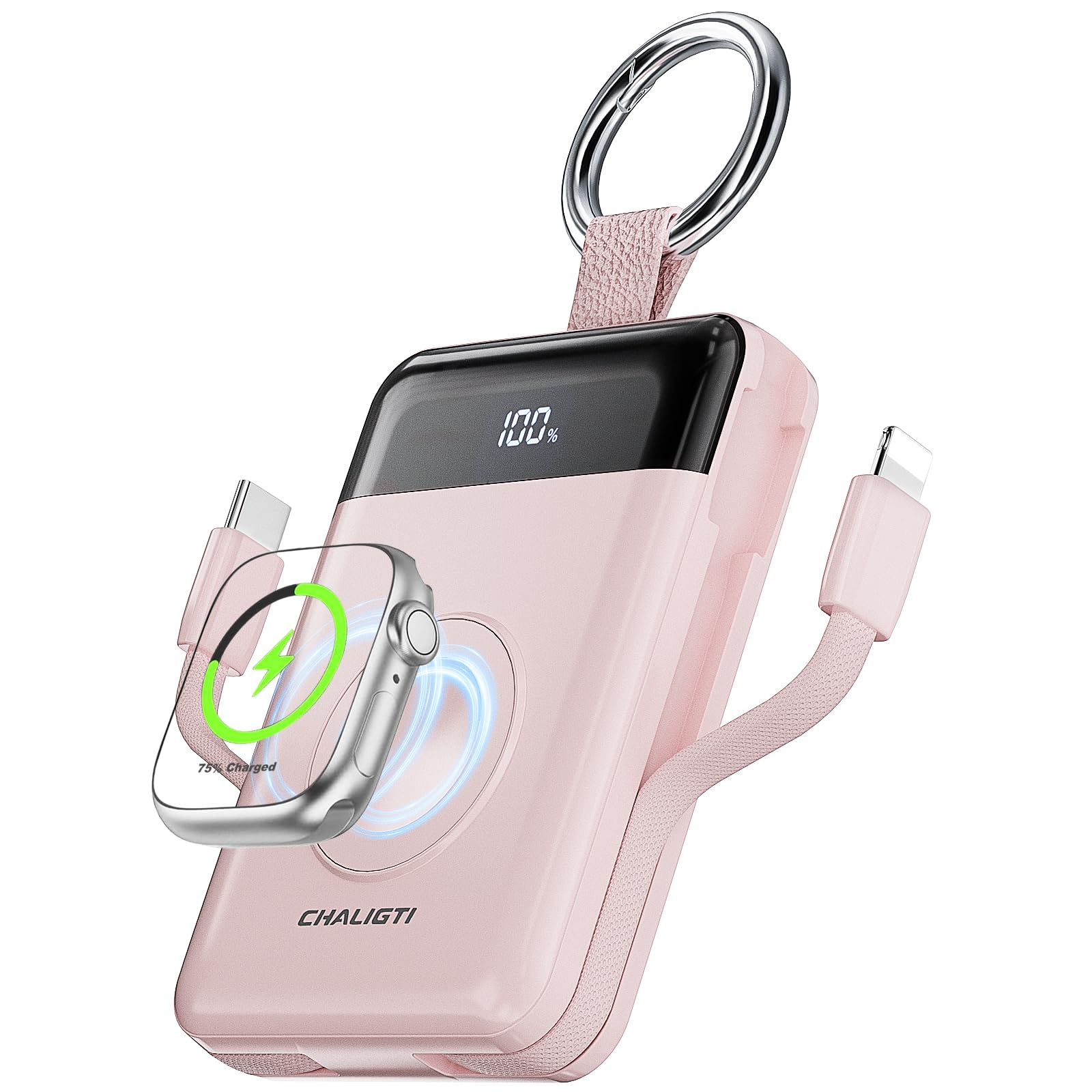 CHALIGTI Portable Charger,5000mAh PD 20W Super Fast Charging Power Bank with Built-in Cables,Travel Keychain Battery Pack for Ap