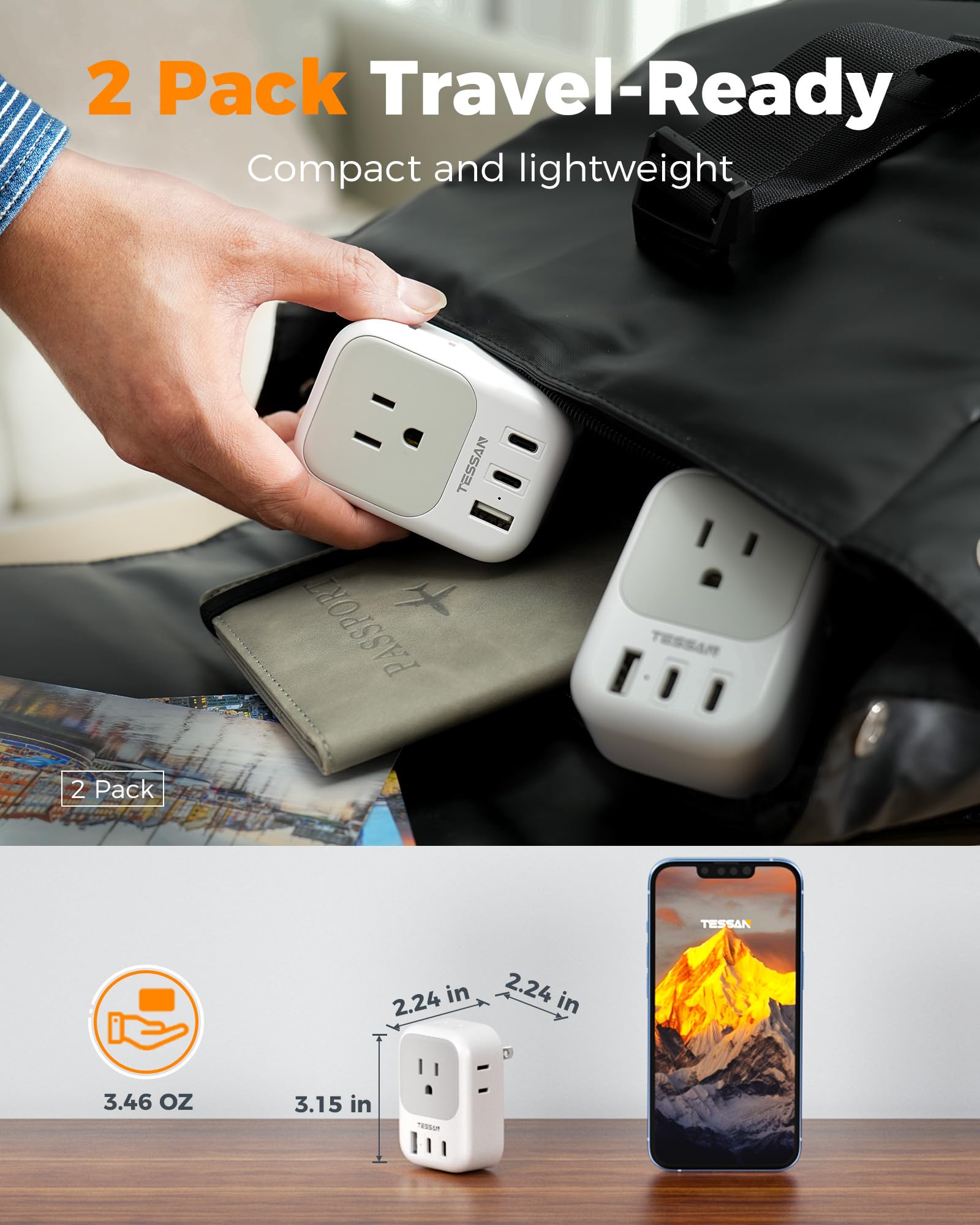 Us To Japan Plug Adapter 2 Pack, Tessan 2 Prong To 3 Prong Outlet Adapter With 4 Outlets 3 Usb (2 Usb C), Outlet Adaptor Us To J