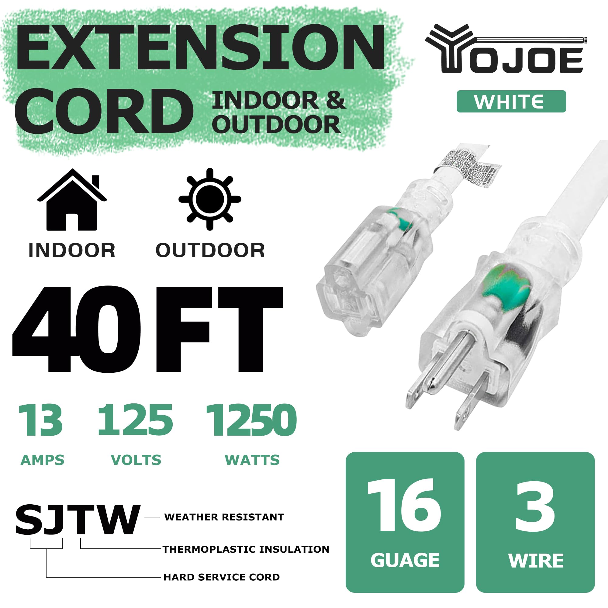Yojoe Indoor Outdoor Extension Cord With Lighted End, 3 Prong 13A Weatherproof Power Extension Cord, 16 Gauge Heavy Duty 40 Ft W