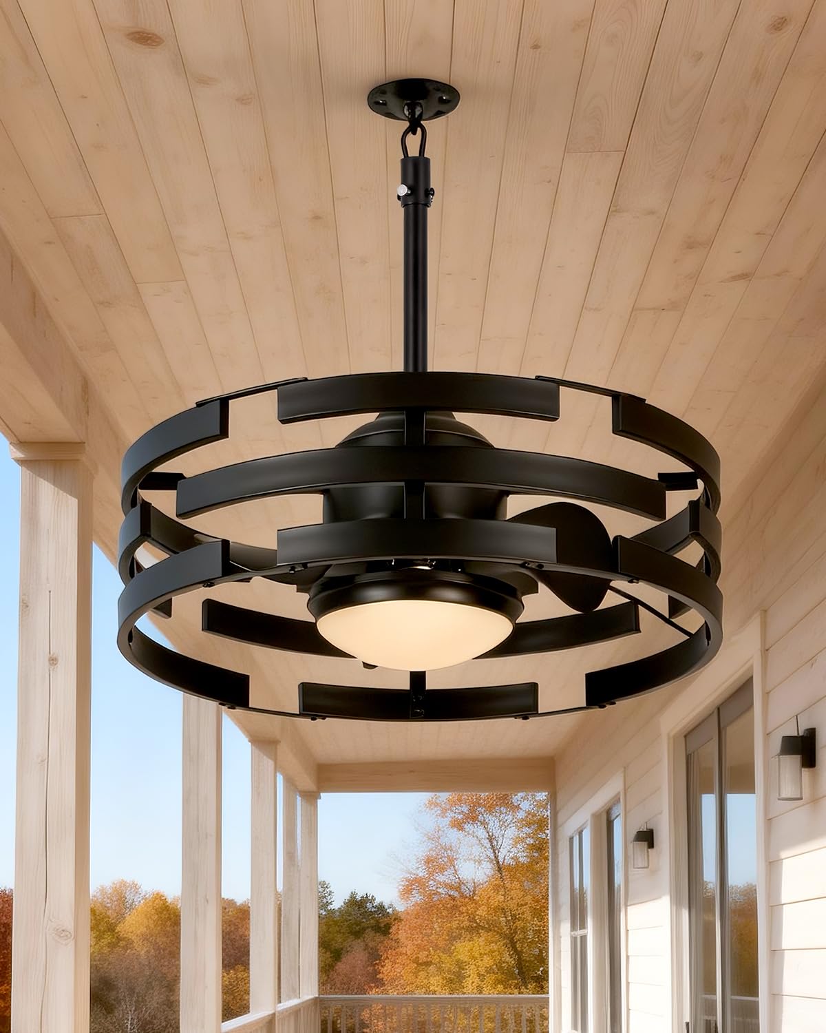 Roomratv 20 Outdoor Ceiling Fan with Light, Black Caged Ceiling Fan with Remote,Modern Enclosed Hanging Fan,IP65 Waterproof Plug