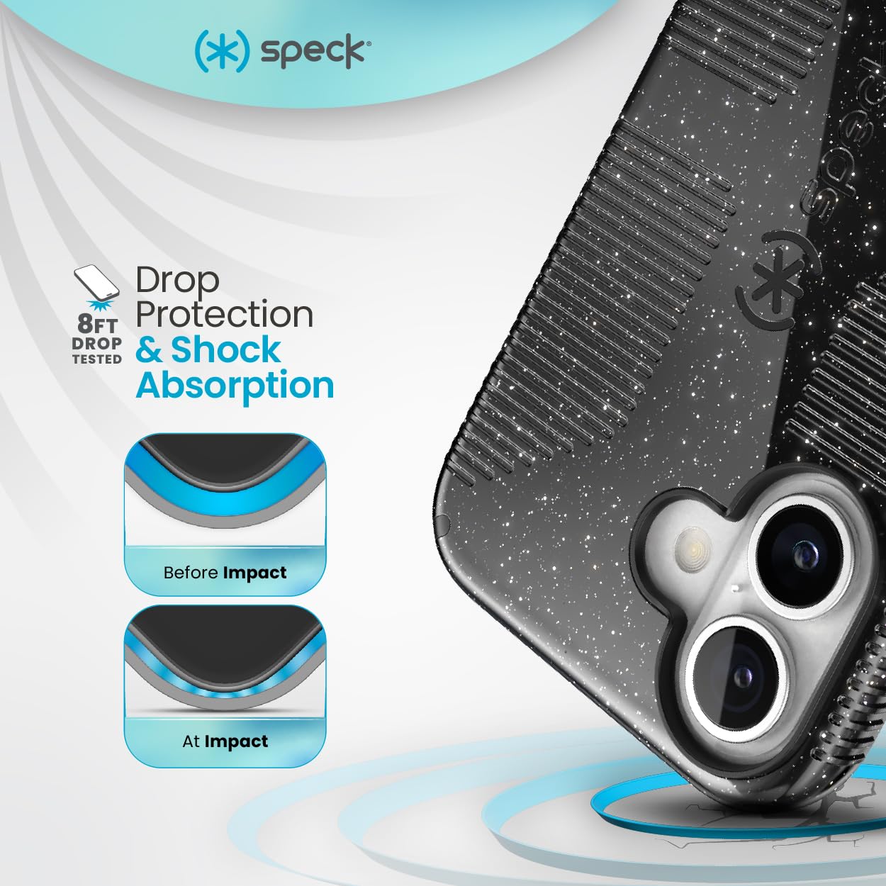 Speck iPhone 16 Case - CandyShell Grip, Slim MagSafe, Polycarbonate, Black Glitter/Steel Black, Model 150695-3247