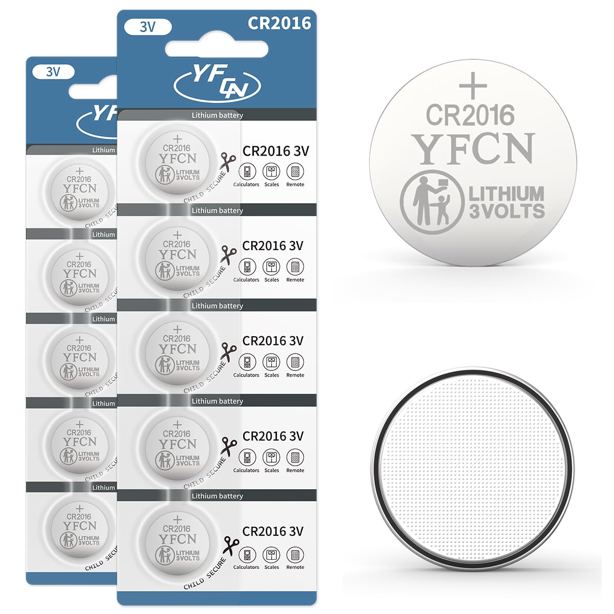 YFCN CR2016 Battery 3V Lithium Battery 10 Count Pack CR2016 Batteries - CR 2016 Coin Cell Batteries for Watch, Key Fob, Remotes 