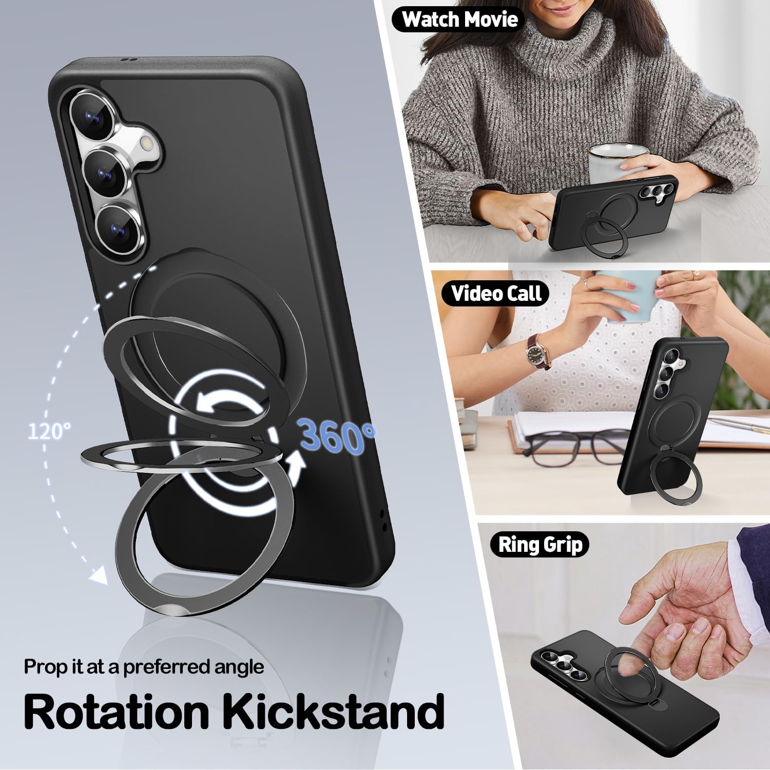 3-In-1 [360 Spin Stand+Magnetic+Ring Holder] Case For Samsung Galaxy S24 / S25 Fit For Magsafe, Military Grade Protective, Trans