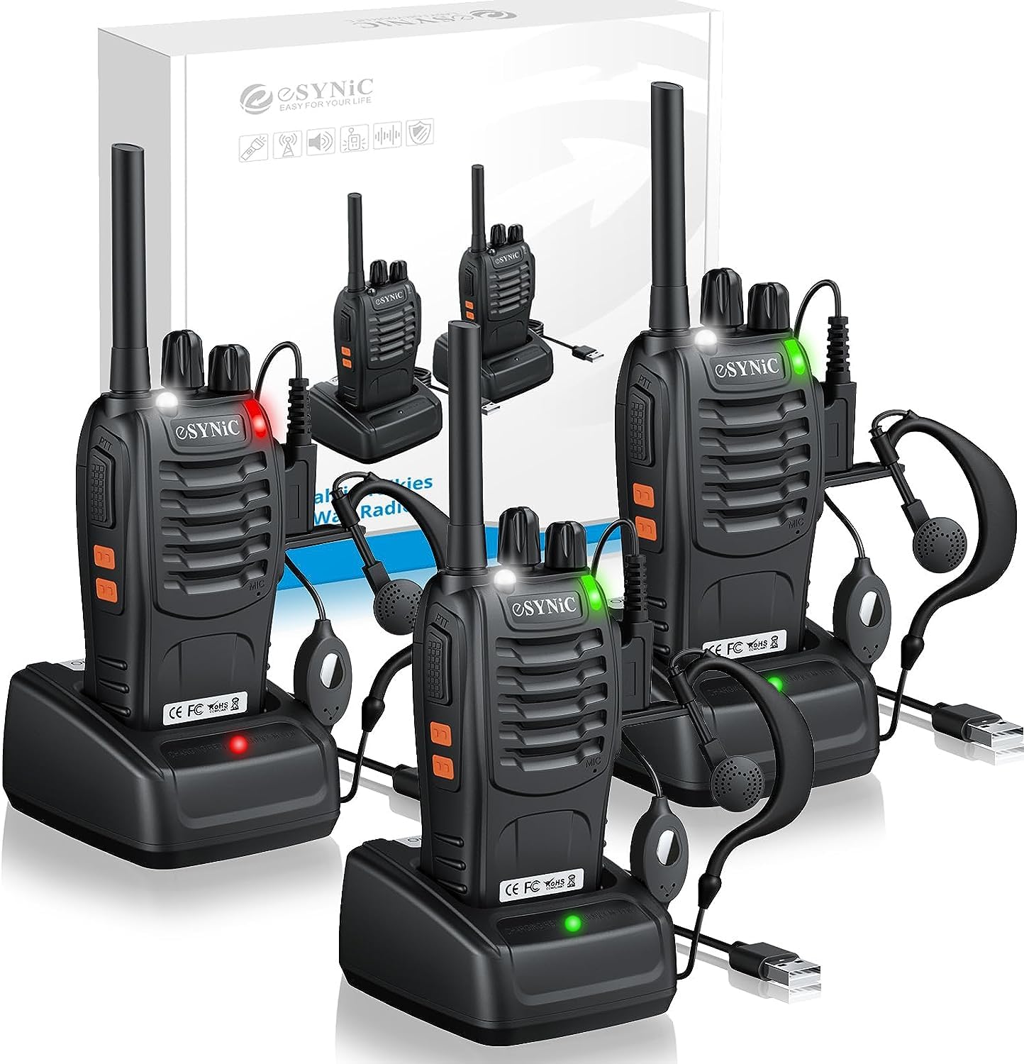 Esynic 3 Pack Professional Walkie Talkies Rechargeable Walkie Talkies For Adults Long Range 2 Way Radio Walkie Talkie With Earpi