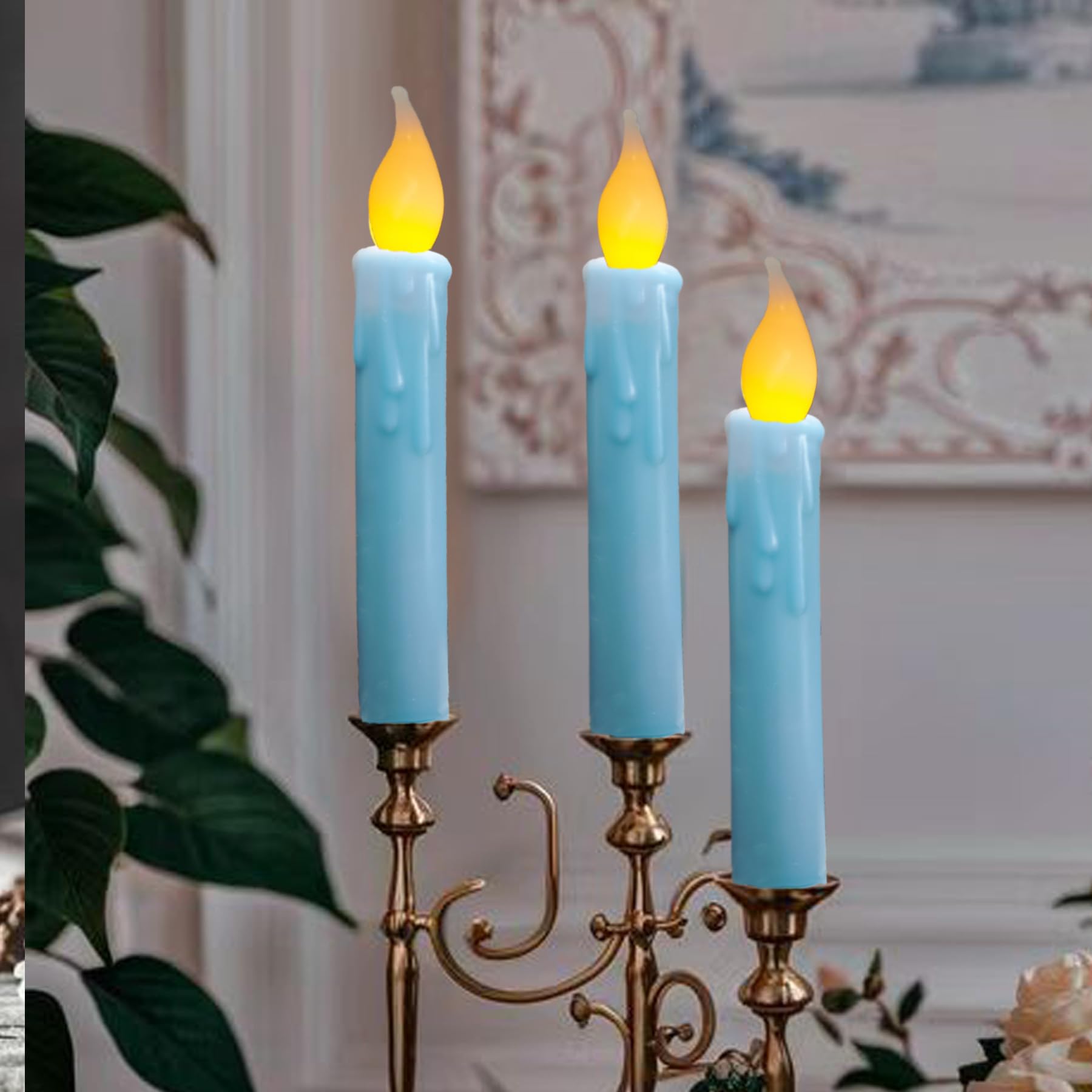 Lincountry.Primitive Wax Blue Battery Operated Taper Candles Flickering Flameless Taper Candles With Timer,Dripped Led Candles 6