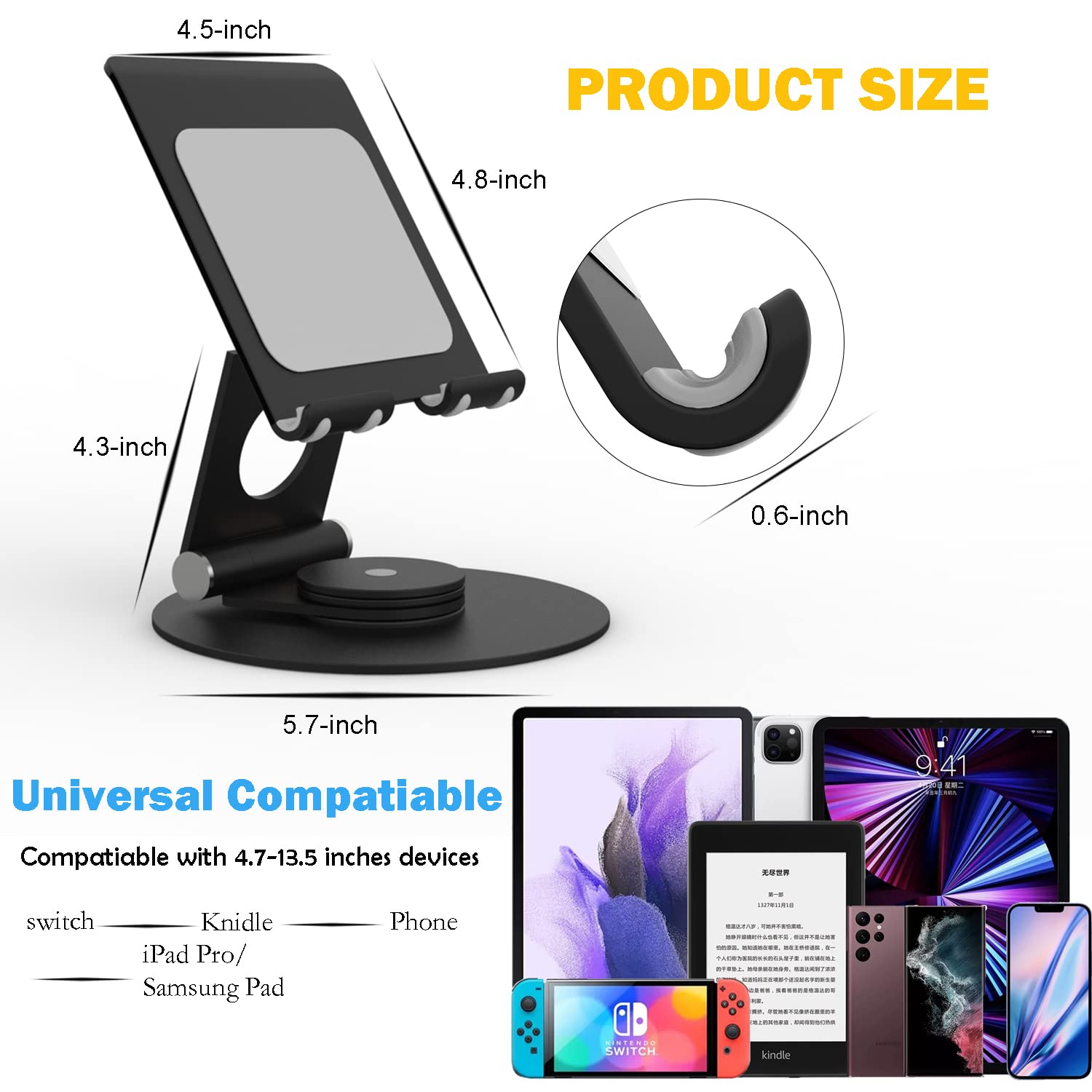 Kabcon Swivel Tablet Stand, Aluminum Portable 360�Rotating Tablet Stand Holder For Desk,Business,Kitchen,Desktop,Tablet Table Stand For Ipad Pro 9.7,10.5,12.9/Air Mini,Tab,Kindle,Nexus,E Reader