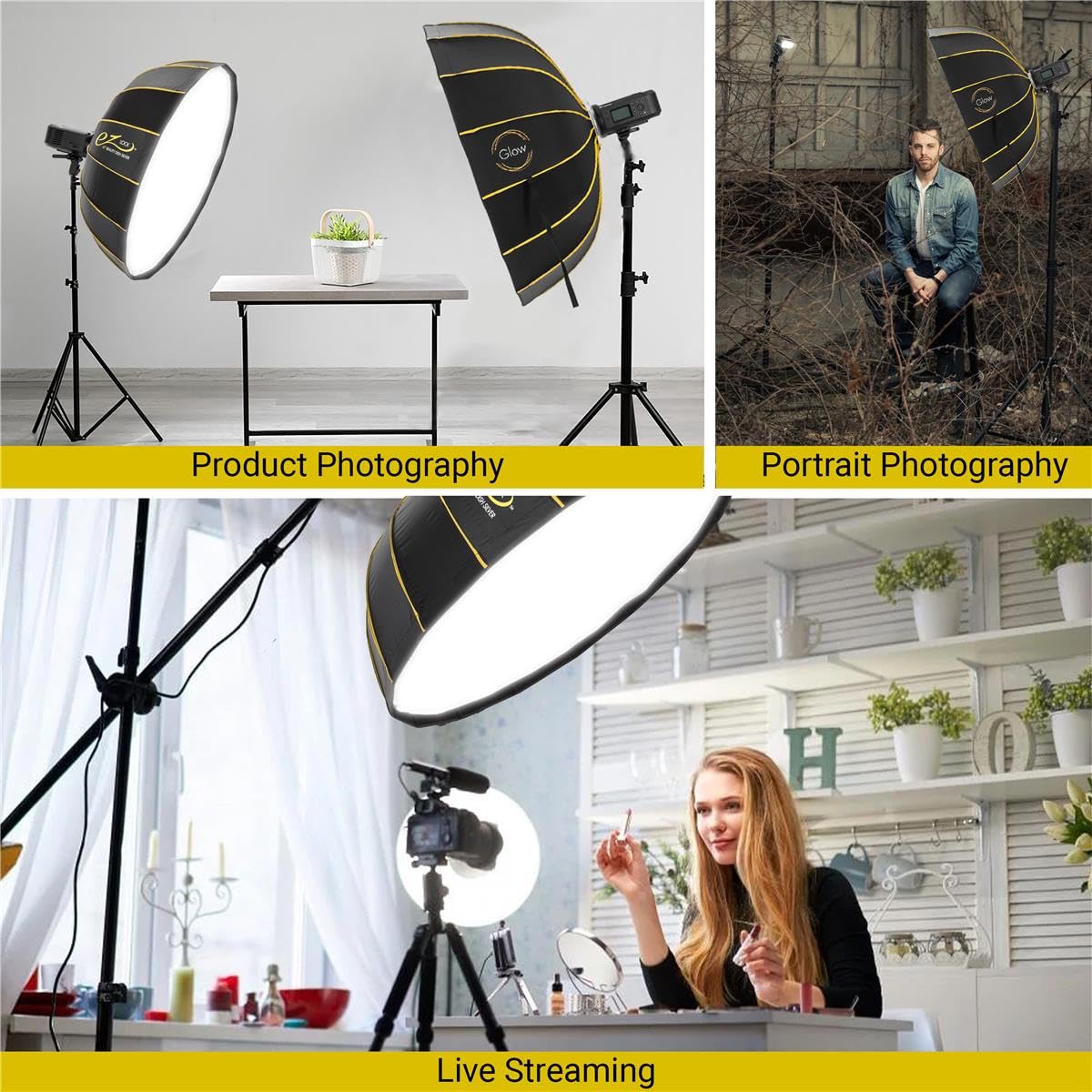 Glow Ez Lock 42'' Collapsible Silver Beauty Dish Softbox W/Bowens Mount Speedring And Deflection Disk, 16 Ribbed Design Soft Box