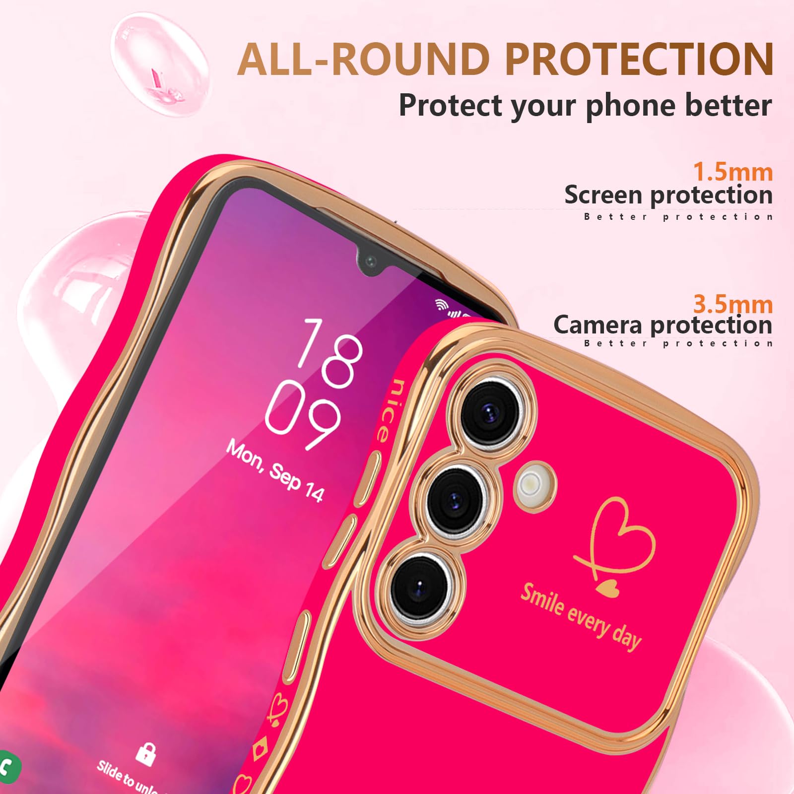 Lchulle For Samsung Galaxy A15 4G/5G Case For Women Girls, Cute Wave Frame Curly Shape With Love Heart Raised Camera Protection