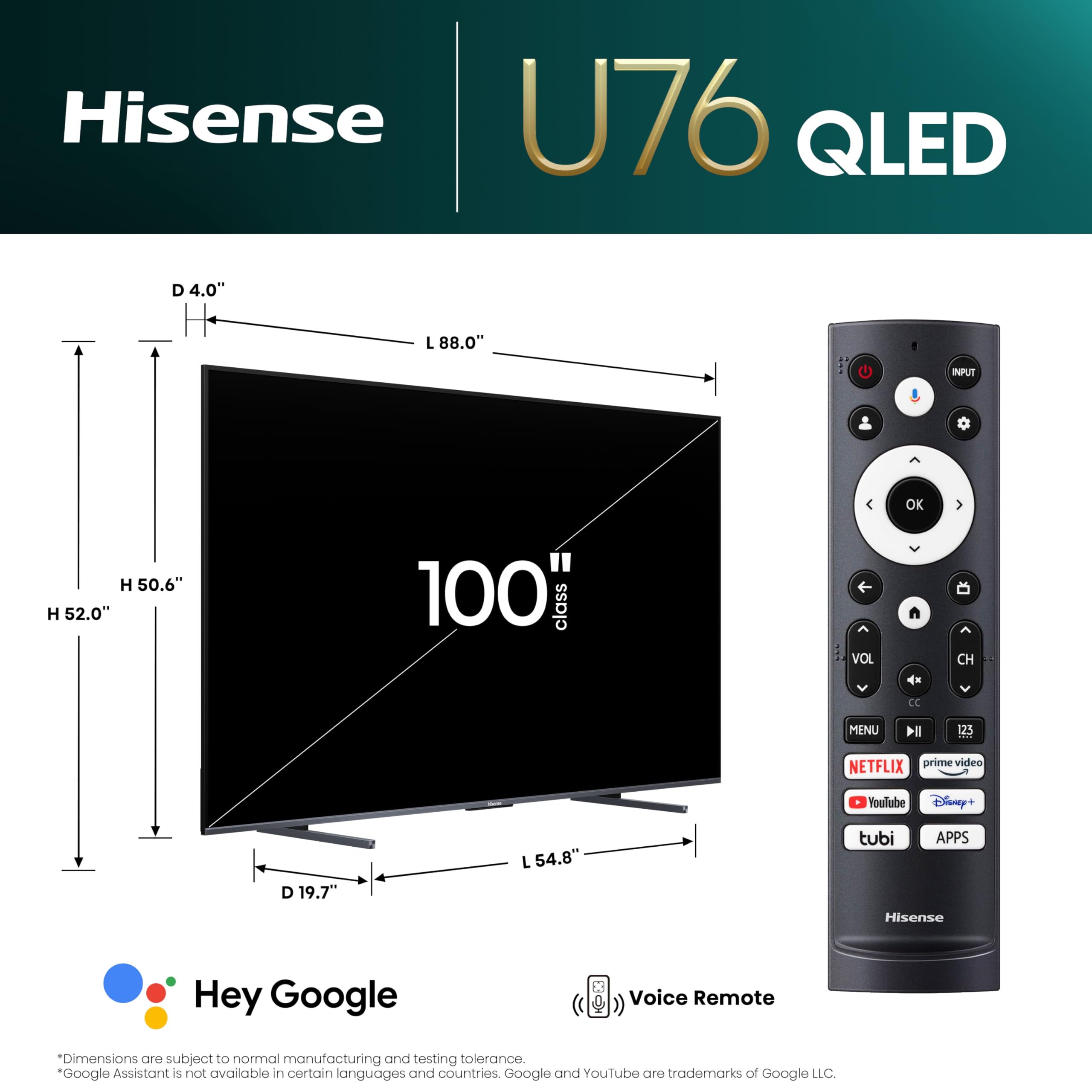 Hisense 100 Inch Class U7 Series Uled 4K Uhd Google Smart Tv (100U76N, 2024 Model)   Qled, Native 144Hz, Dolby Vision, Full Arra