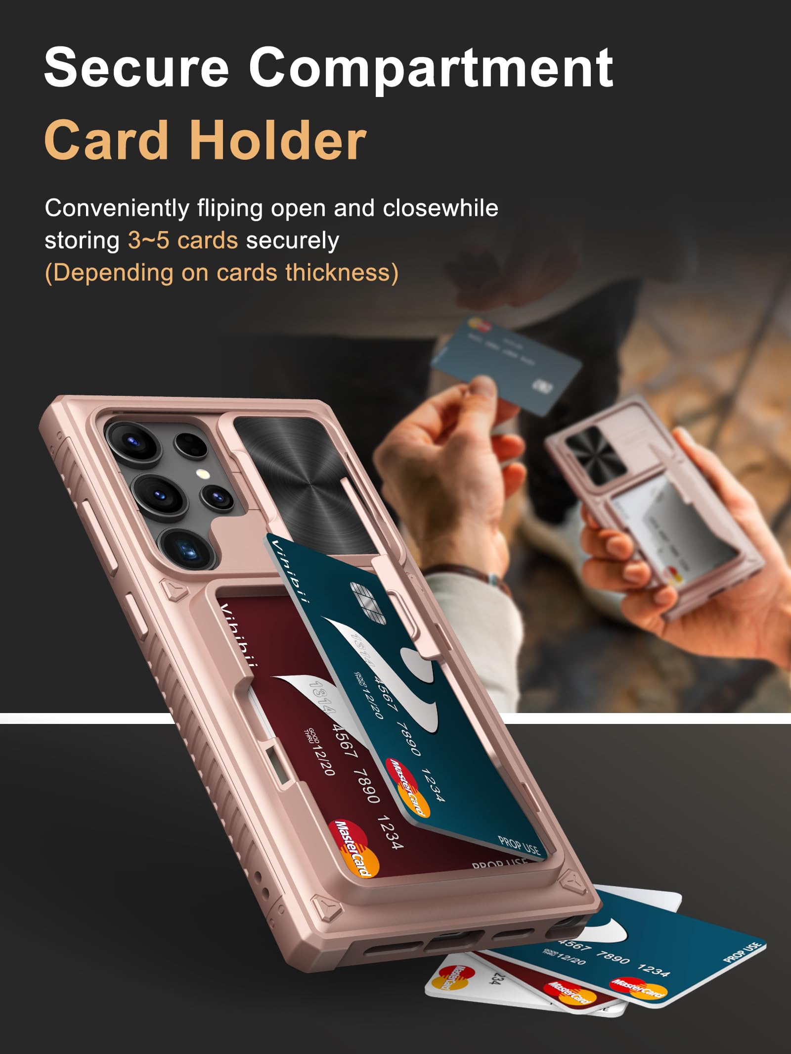 Vihibii For Samsung Galaxy S24 Ultra Case With Slide Camera Protection Cover, Built In Card Holder (4 Cards) & Kickstand, Shockp