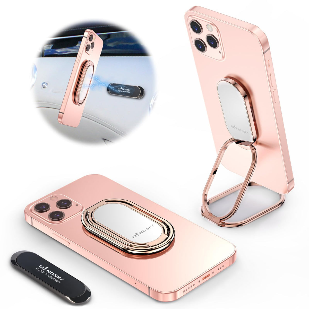 Mindsky Phone Ring Holder Finger Kickstand Retractable 360Rotation Ultra Thin Cell Phone Back Grip Foldable Cellphone Stand For