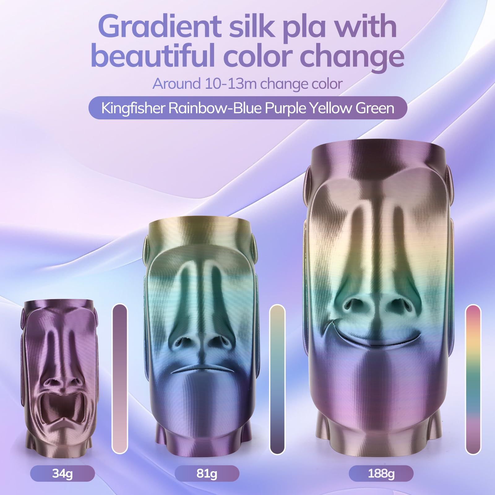 Amolen Silk Pla 3D Printer Filament, Shiny Multicolor Kingfisher Rainbow Pla Filament 1.75Mm, Gradient Color Change Pla 3D Print