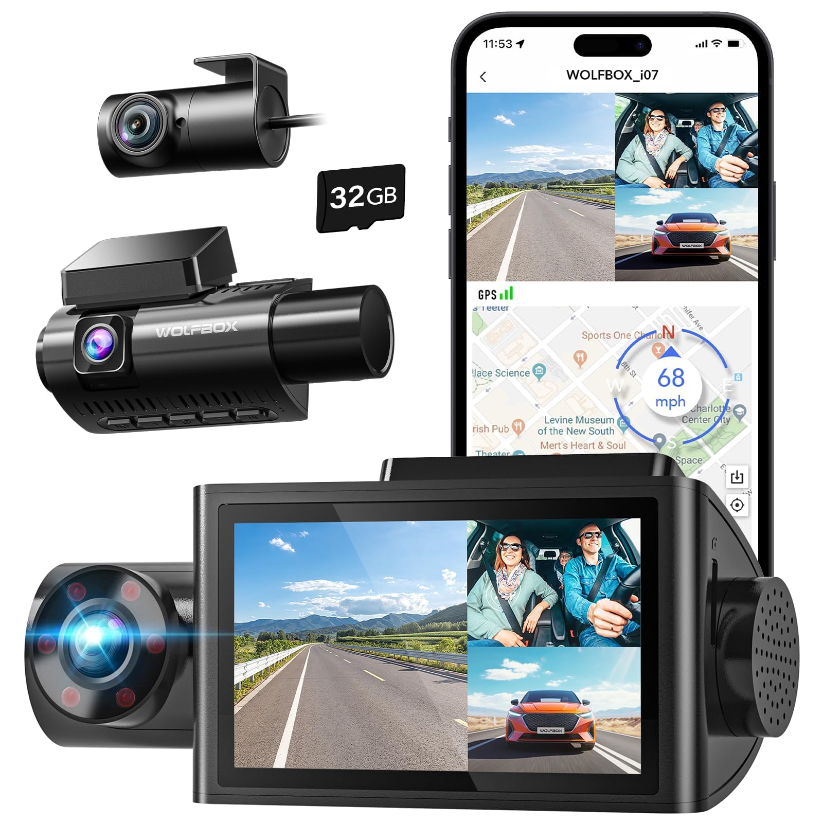 Wolfbox I07 Dash Cam, 3 Channel Dash Cam Built In Wifi Gps, 4K+1080P Dash Camera Front And Inside, 2K 1440P+1080P+1080P, 3'' Lcd