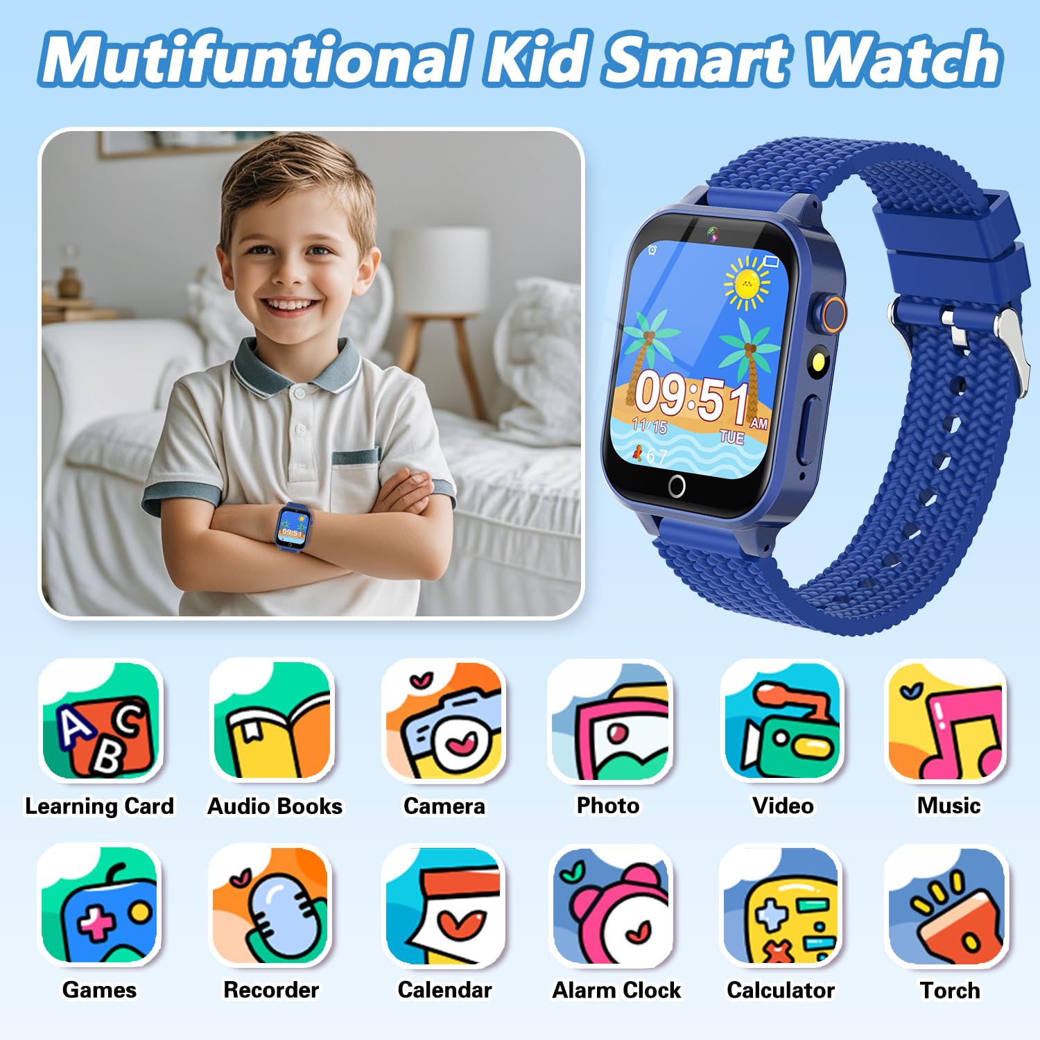 Smart Watch For Kids Boy Gift Ages 3-12, 2 Screen Protector, 26 Puzzle Games, Hd Camera Video Music Player Touchscreen Pedometer
