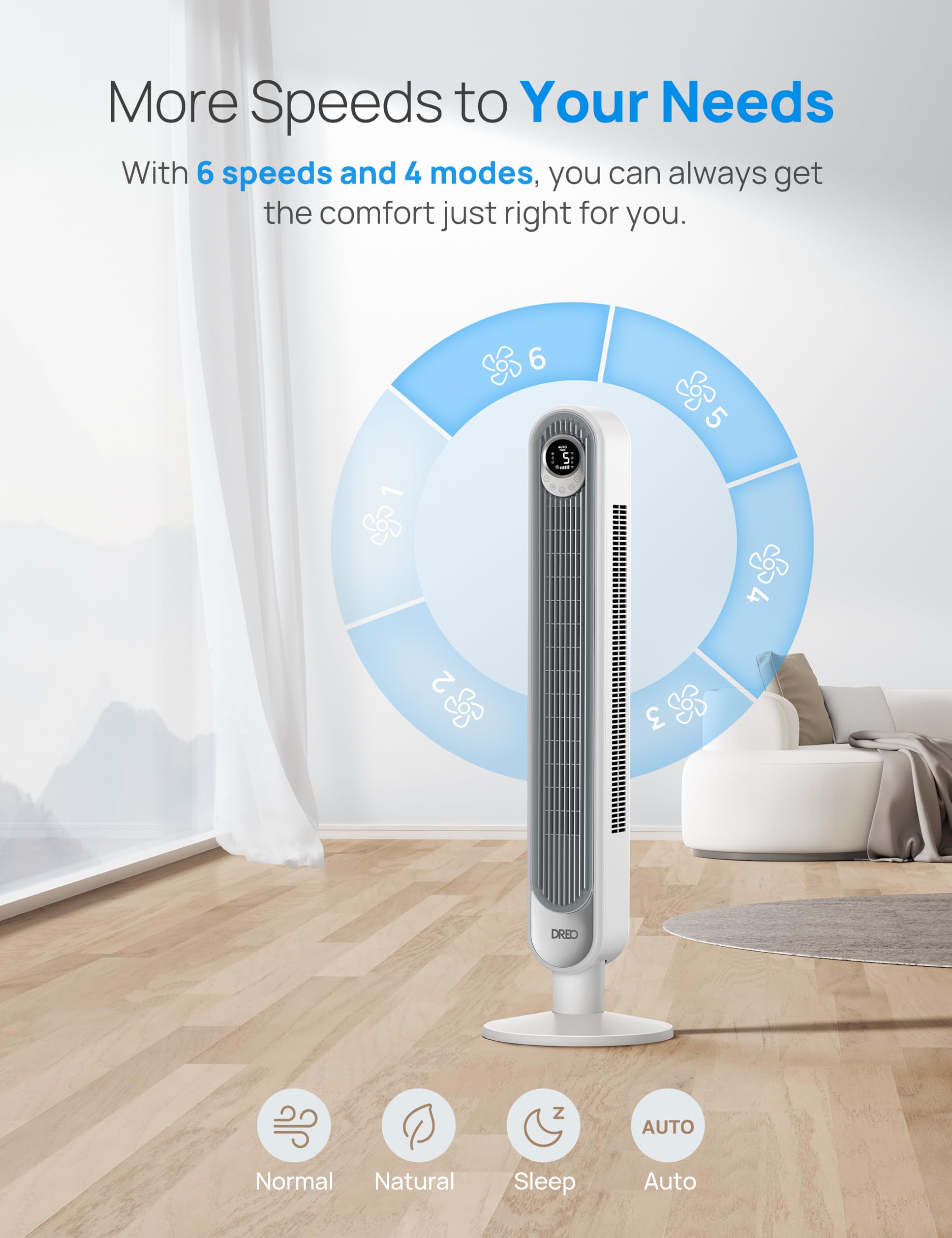 Dreo Tower Fan 42 Inch, Cruiser Pro T1 Quiet Oscillating Bladeless Fan With Remote, 6 Speeds, 4 Modes, Led Display, 12H Timer, W