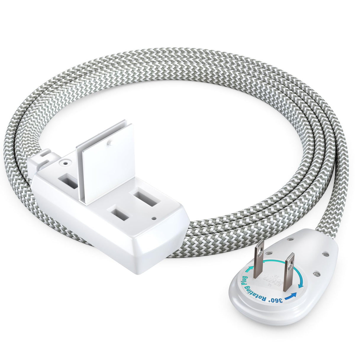 Maximm Cable 3Ft 360 Rotating Flat Plug Extension Cord/Wire, 16 Awg Multi 3 Outlet Extension Wire Braided, 2 Prong With Safety C