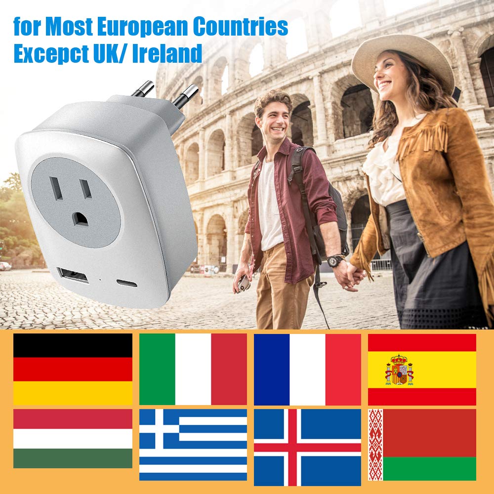European Travel Plug Adapter With Usb C Charging Port (Not For Uk) Europe Outlet Converter For Spain France German Greece Icelan