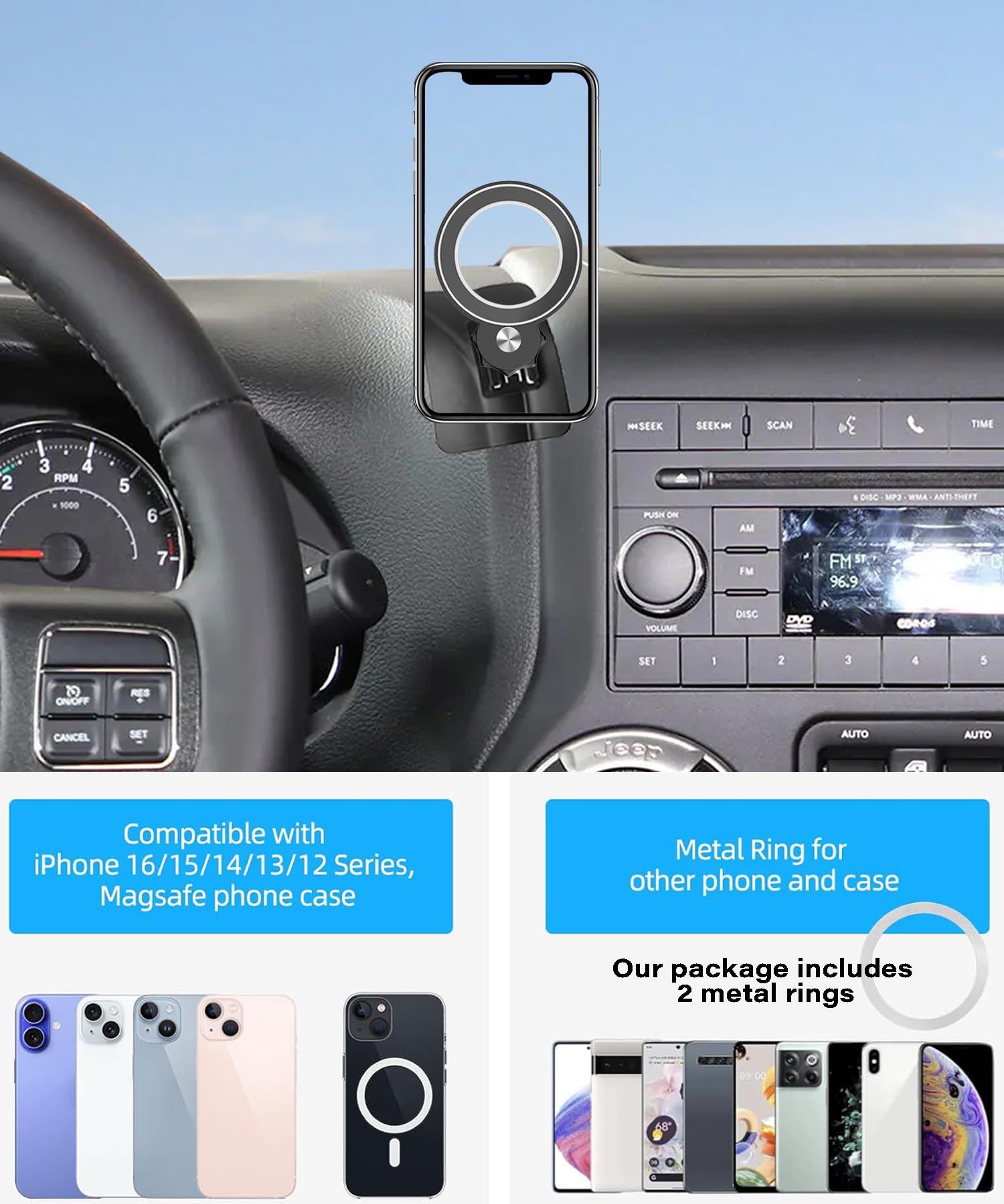 Abeeygeomarn Magnetism Car Phone Holder For 2011-2017 Jeep Wrangler Jk Jku Accessories Compatible With Magsafe Hands-Free 360 De