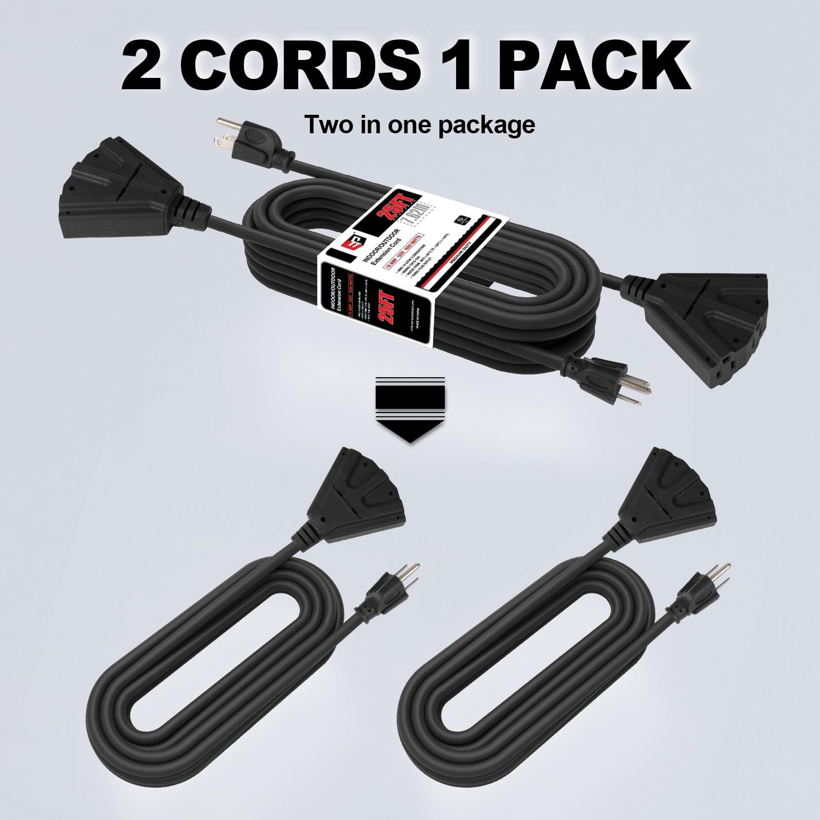 Ep 2 Pack 25 Ft Outdoor Extension Cord With 3 Electrical Power Outlets   16/3 Sjtw Black Cable With 3 Prong Grounded Plug For Sa