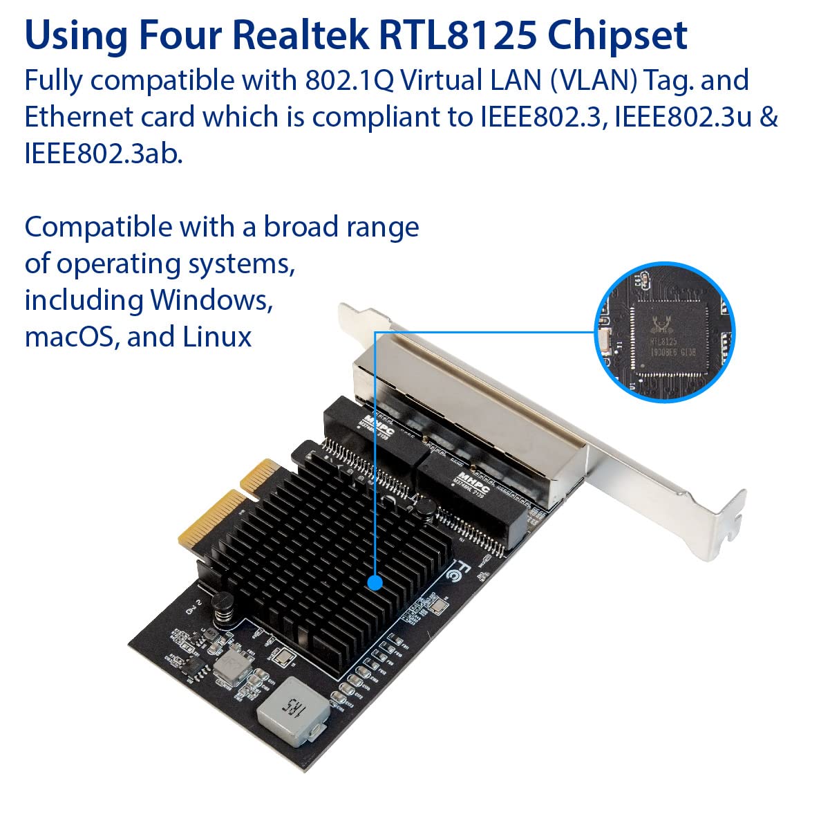 Io Crest Quad 2.5 Gigabit Ethernet Pci Express Pci E Network Interface Card 10/100/1000/25000 Mbps Rj45 Lan Realtek Rtl8125 Chip
