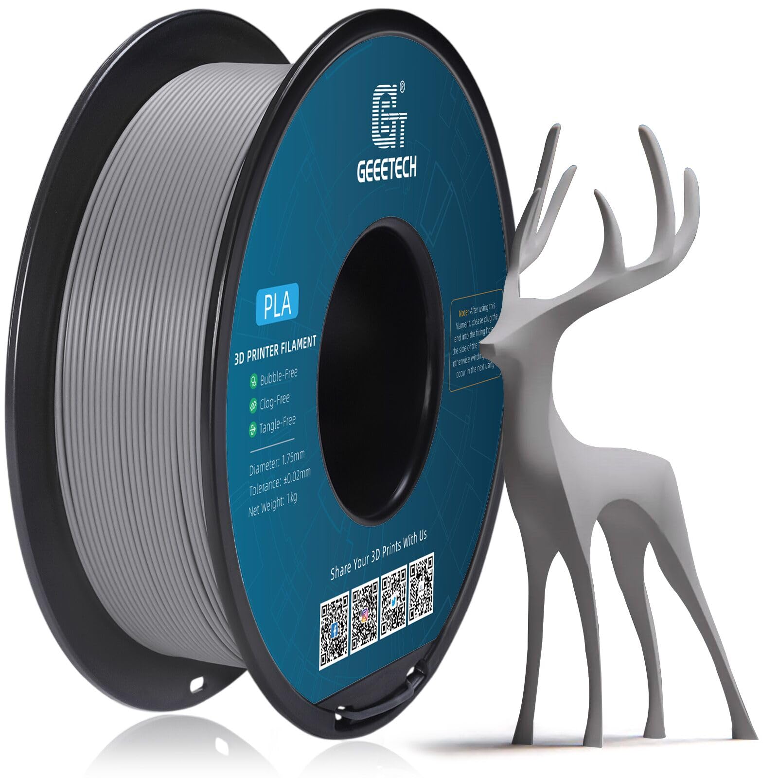 GEEETECH Matte PLA Filament 1.75mm, Grey 3D Printer Filament 1kg Spool (2.2lbs), +/- 0.02mm Accuracy