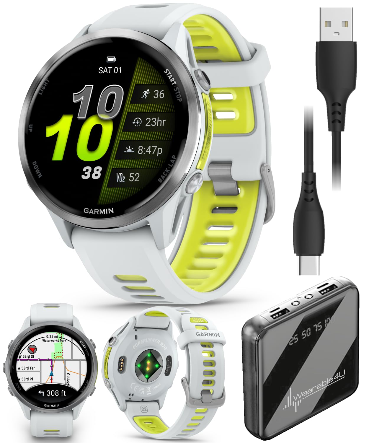 Wearable4U Garmin Forerunner 970 Titanium Smartwatch with Whitestone Case and Whitestone/Translucent Amp Yellow Band, AMOLED Dis