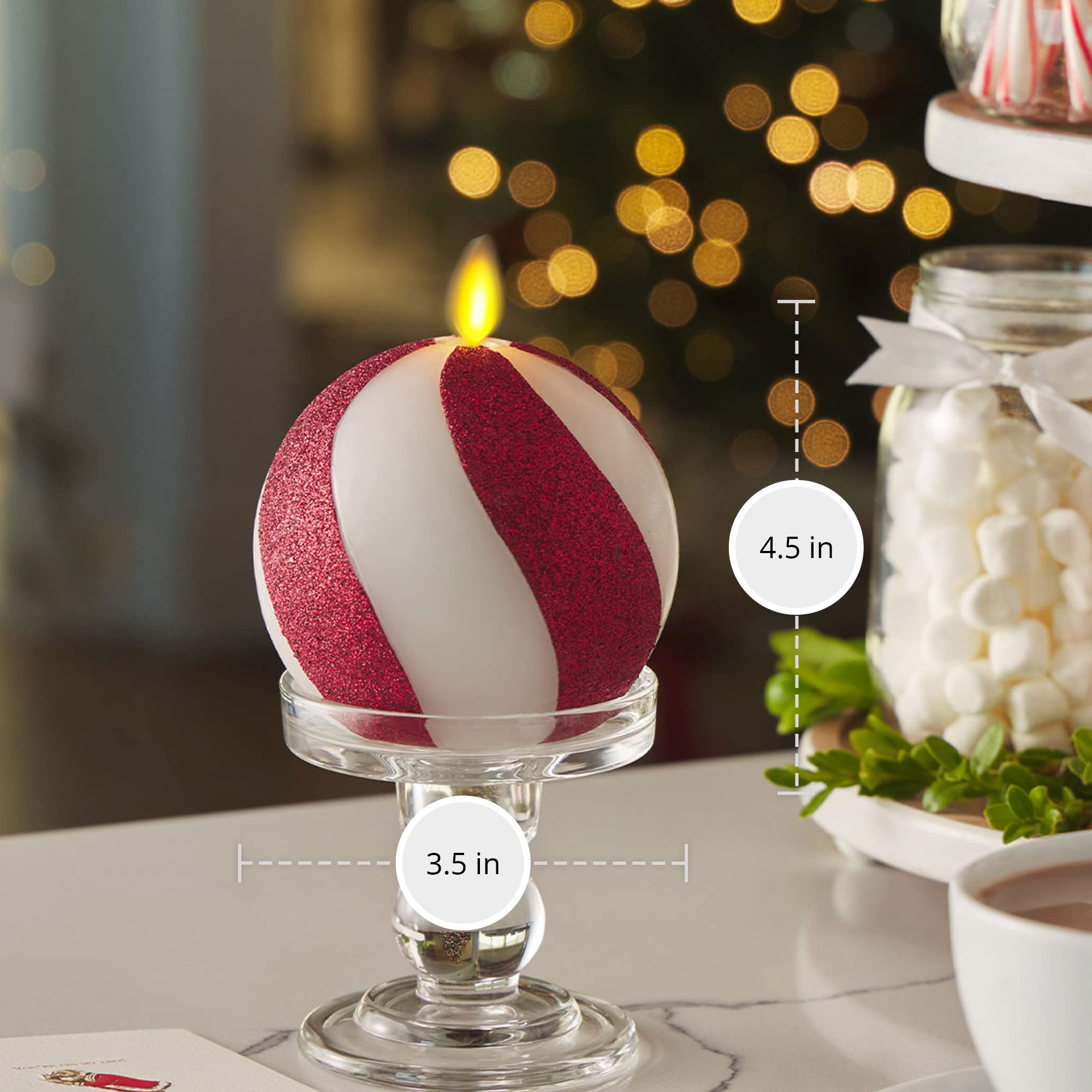 Luminara   Flameless Holiday Crystal Beads Glitter Sphere Candle   Candy Cane Red   Pack Of 1 4X4.25   Auto Timer Built In 5 Hou