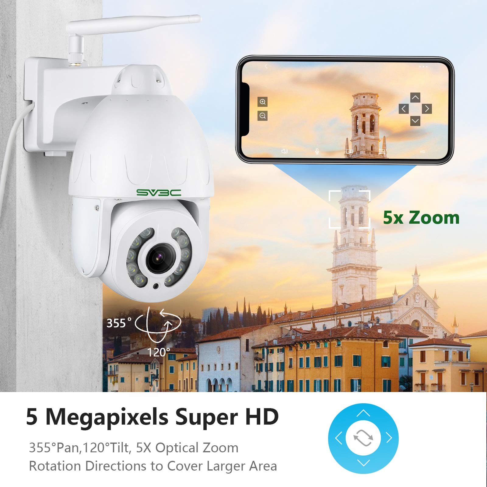 Sv3C Onvif Ptz Wifi Wireless Camera Outdoor, Auto Tracking 5Mp Ip Security Camera, 5X Optical Zoom, Spotlight Color Night Vision
