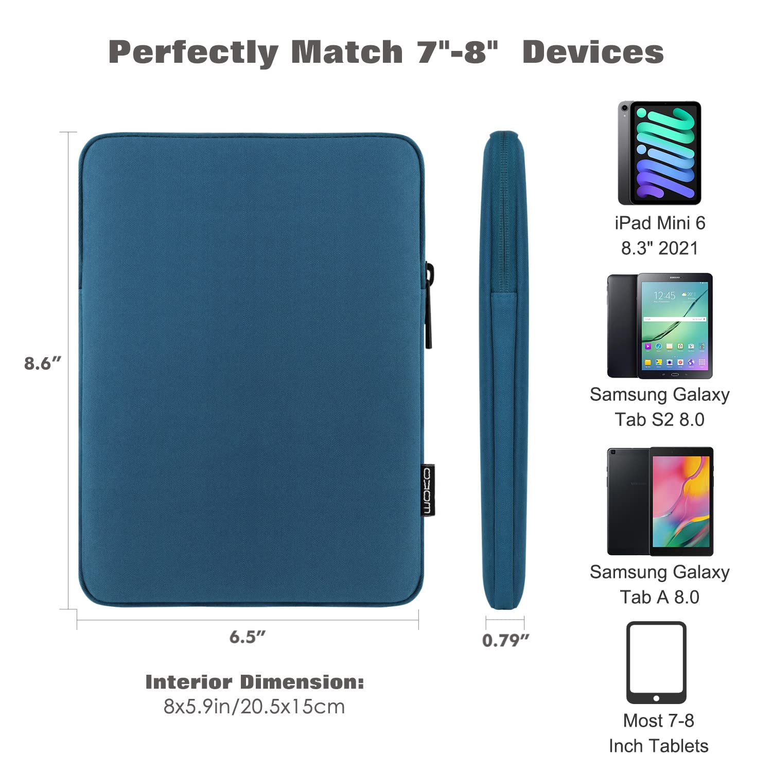 MoKo 7 8 Inch Tablet Sleeve Bag, Polyester Pouch Cover Case Fits iPad Mini (A17 Pro) 8.3' 2024, iPad Mini 6/5/4/3/2/1, Samsung Galaxy Tab S2 8.0, Tab A 8.0, ZenPad Z8s 7.9,Peacock Blue