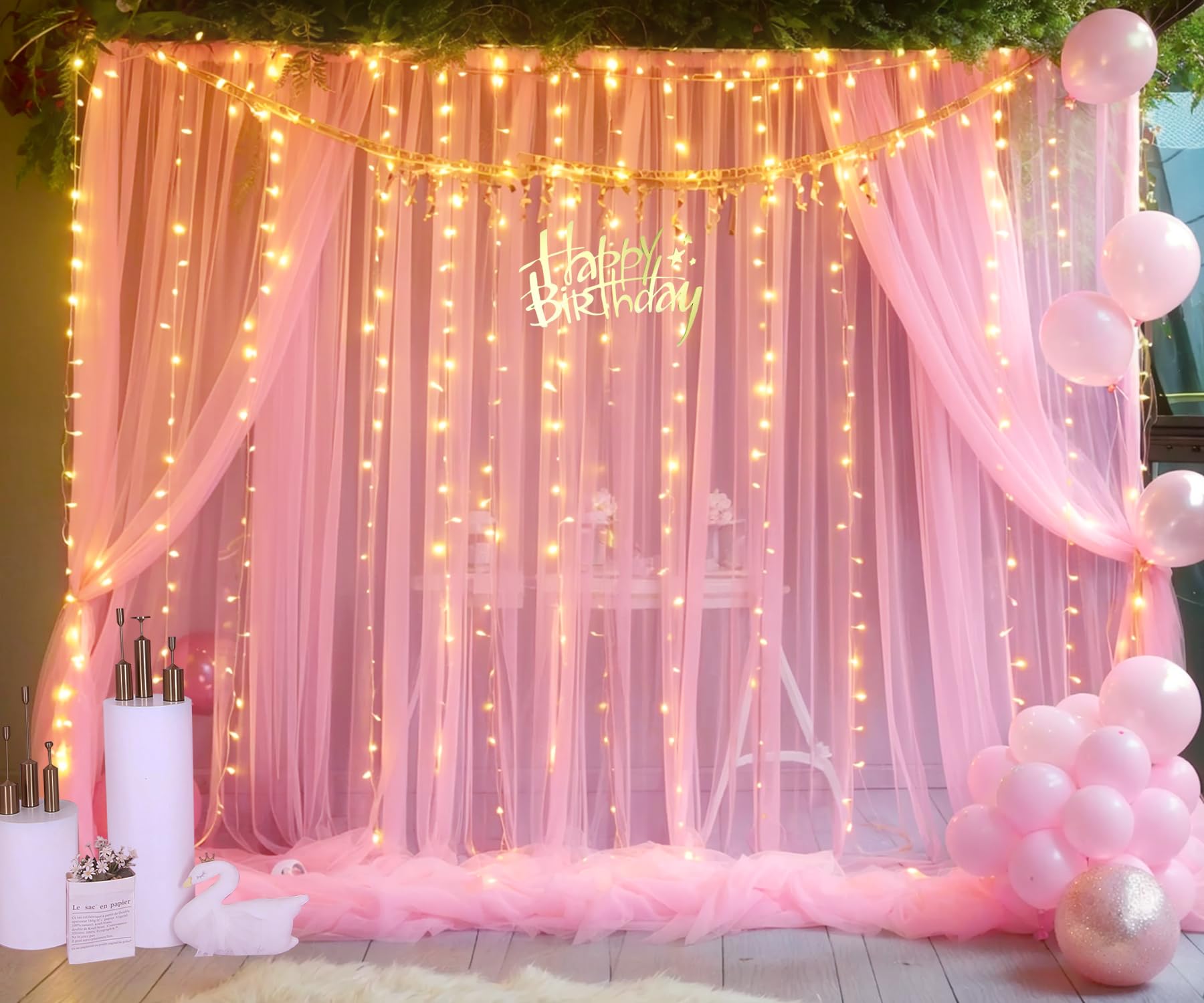 Pink Tulle Backdrop Curtains With Lights String For Parites 10Ft  8Ft Wrinkle Free Pink Sheer Sparkle Backdrop Curtains For Baby