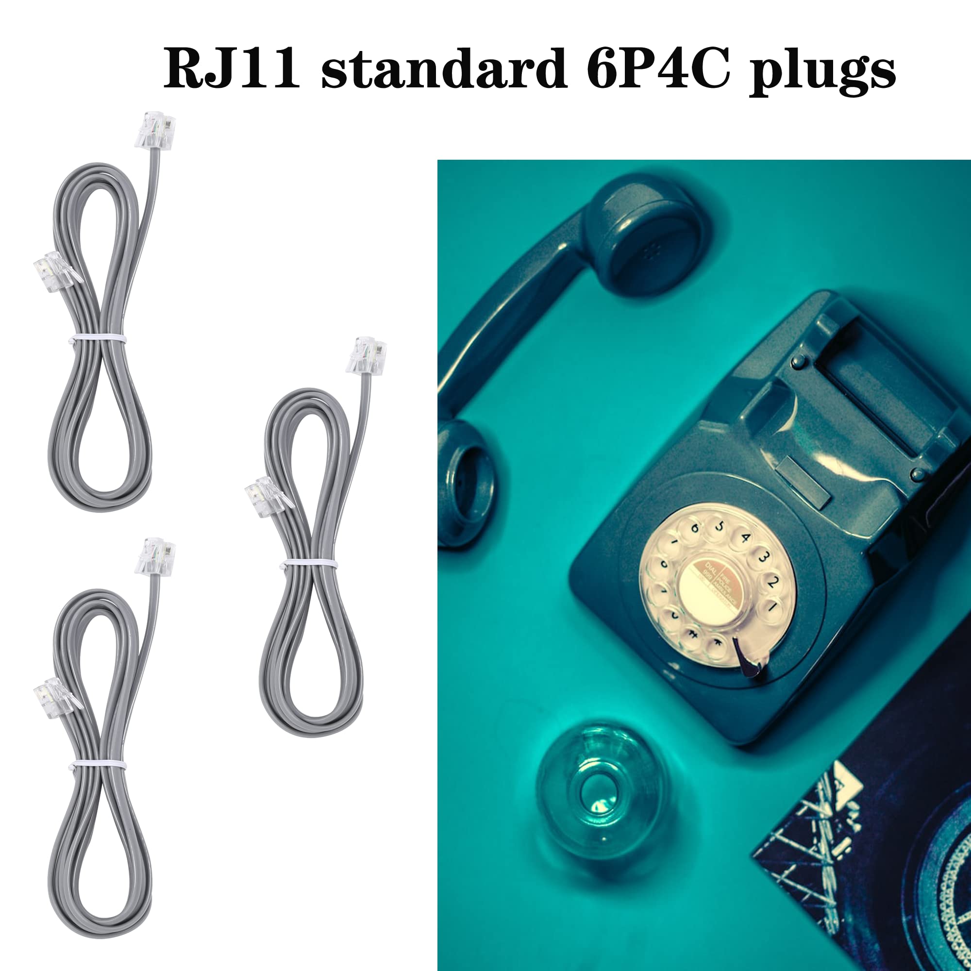 Telephone Landline Extension Cord Cable Cord With Standard Rj 11 6P4C Plug (3Ft 3Pack, Silver)