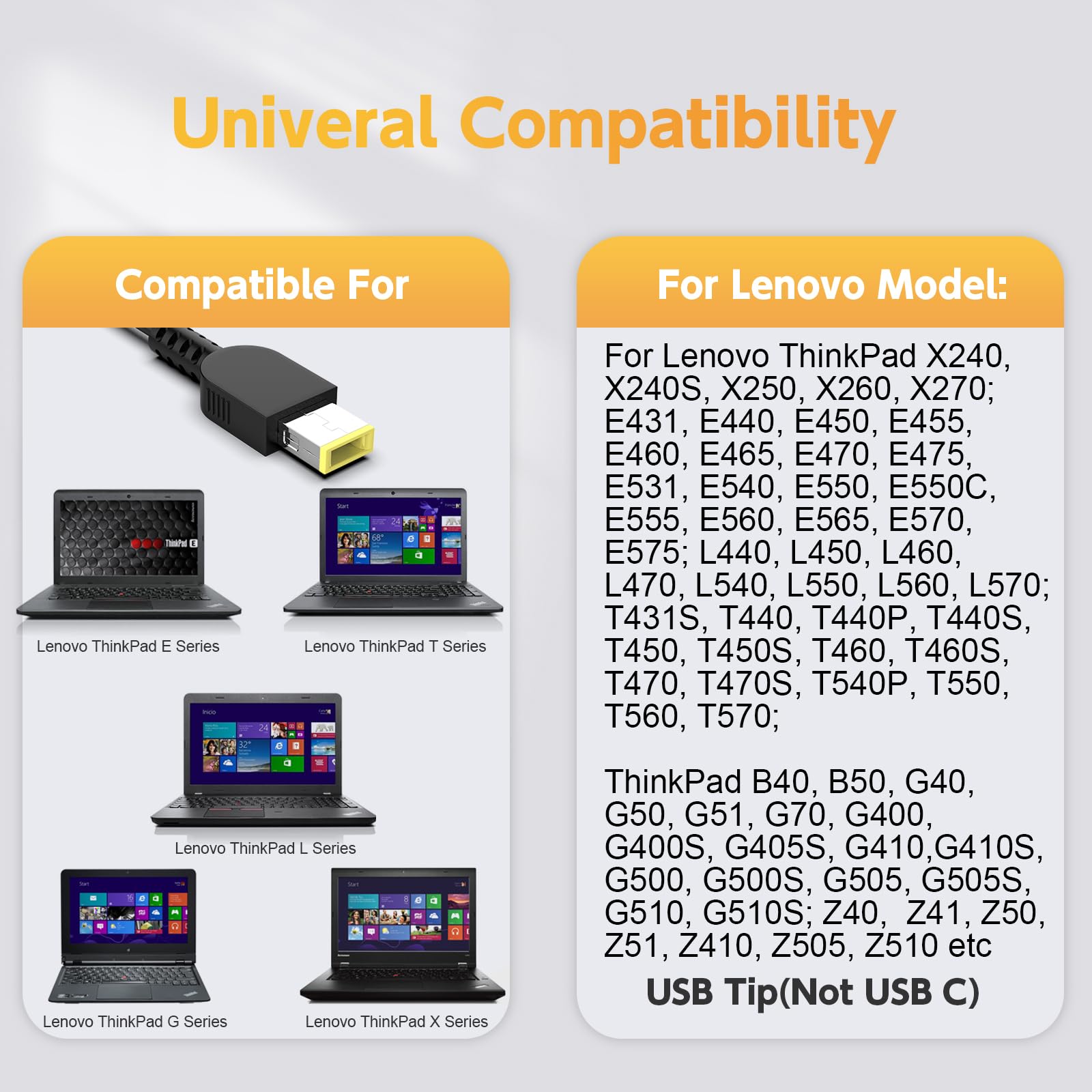 45W Laptop Charger For Lenovo Thinkpad T431S, T440, T450S, T460, T460S, T470, T470S, X240, X250, X260, E431, E440, E450, E540, E550, E560, W540, G50, G505, Z40, Z50 Power Supply Cord (Usb Square Tip)