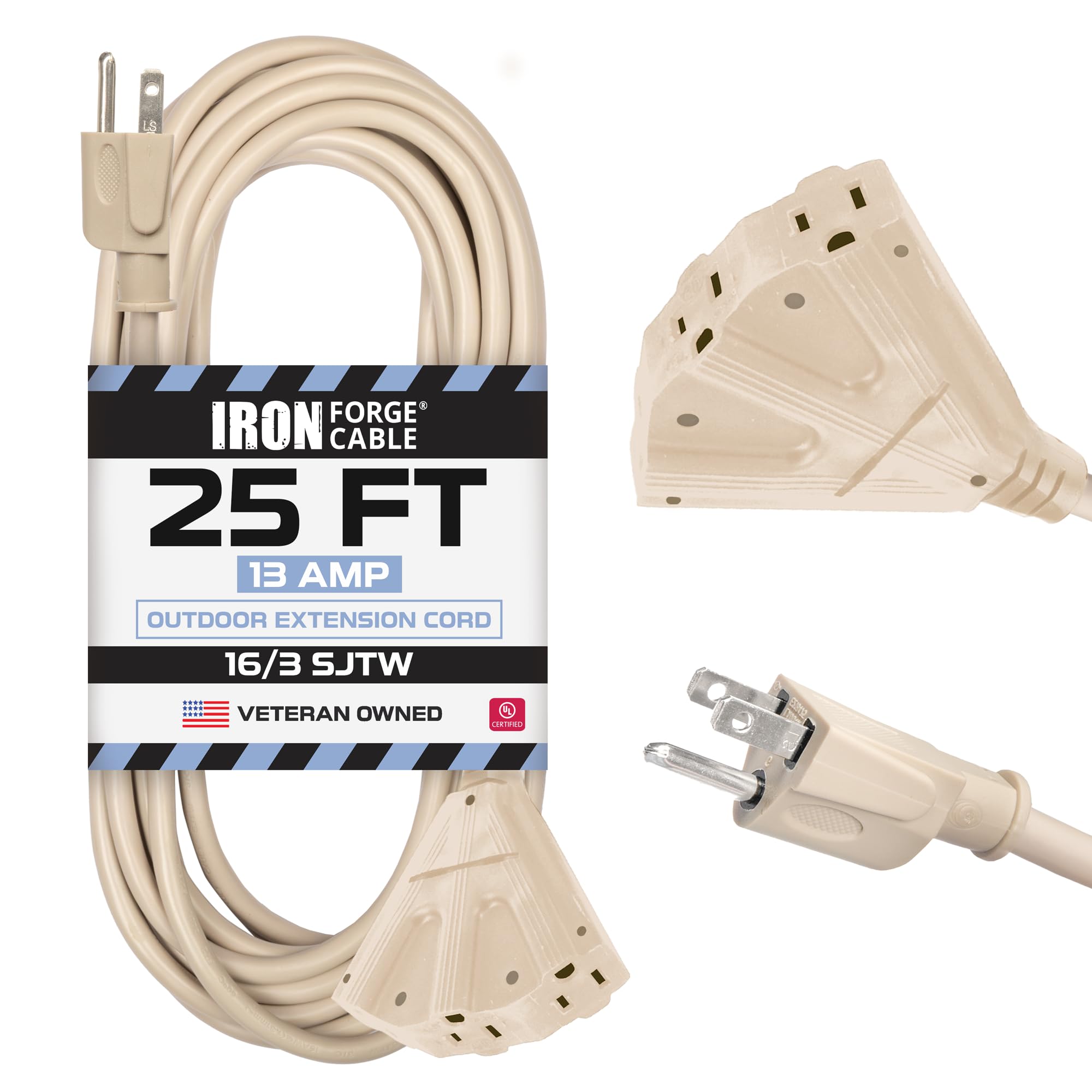 Iron Forge Cable Beige Outdoor Extension Cord 25 Ft   3 Outlet 16 Gauge 13 Amp Heavy Duty Power Extension Cords   Sjtw   Great F