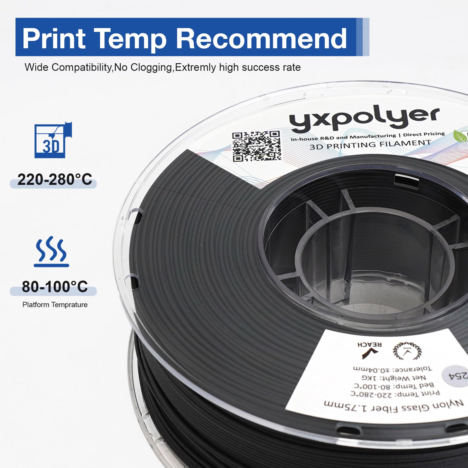 Nylon Glass Filled Filament Black Nylon Glass Fiber 3D Printer Filament Pa6-Gf 1Kg With Reusable Pc Spool