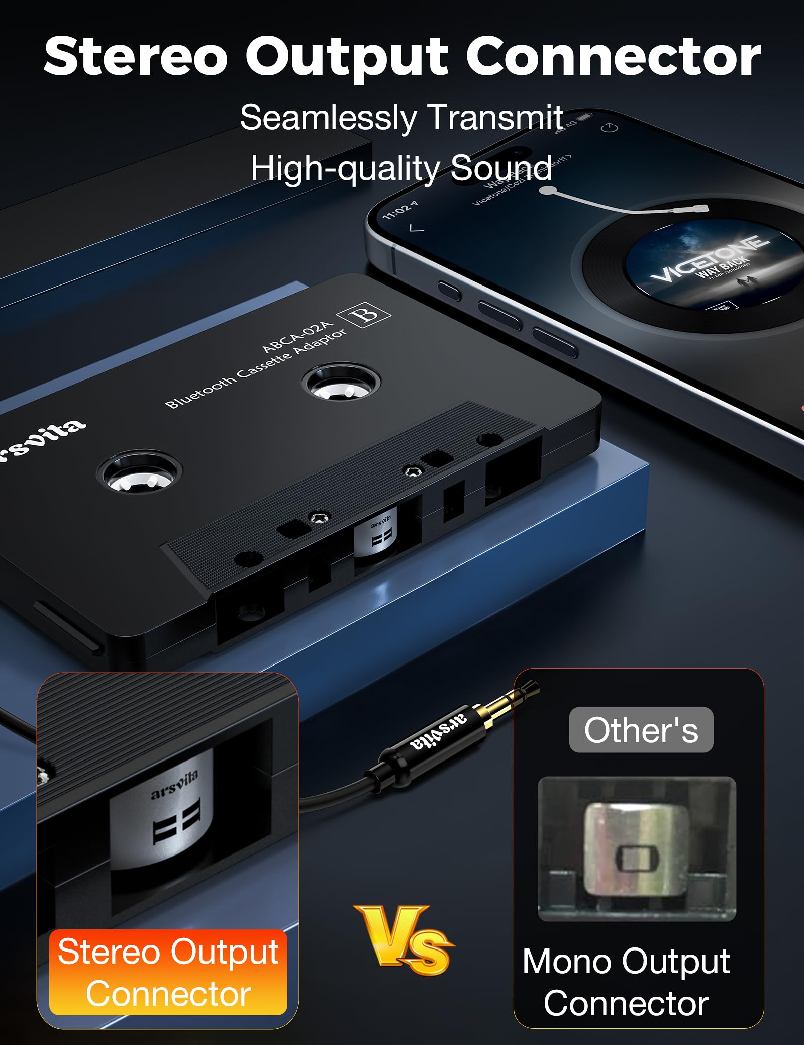 arsvita Bluetooth Cassette to Aux Adapter, 5.1 Receiver Kit, 3.5mm Compatibility, Black, Small Size, Type BCAK04