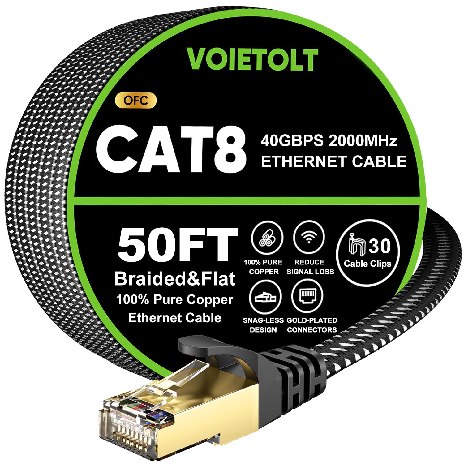 Cat 8 Ethernet Cable 50 FT Flat, High Speed 40Gbps 2000Mhz Braided Internet Cable with Gold Plated RJ45 Network LAN Cable SSTP,