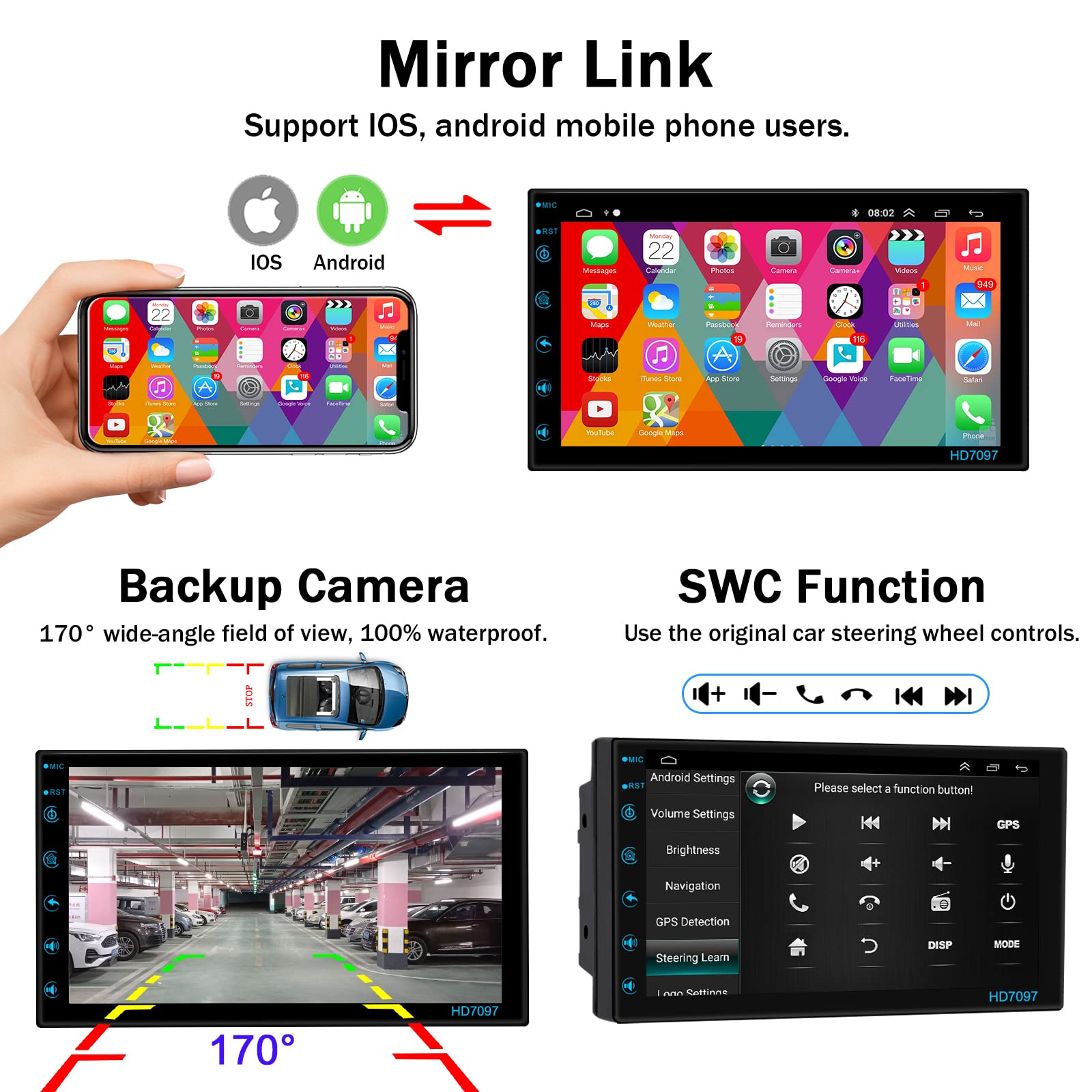 7 Inch Double Din Android 13 Car Stereo Touch Screen Car Radio With Bluetooth, Gps Navigation, Wifi, Mirror Link, Fm/Rds Radio/Aux In + Backup Camera
