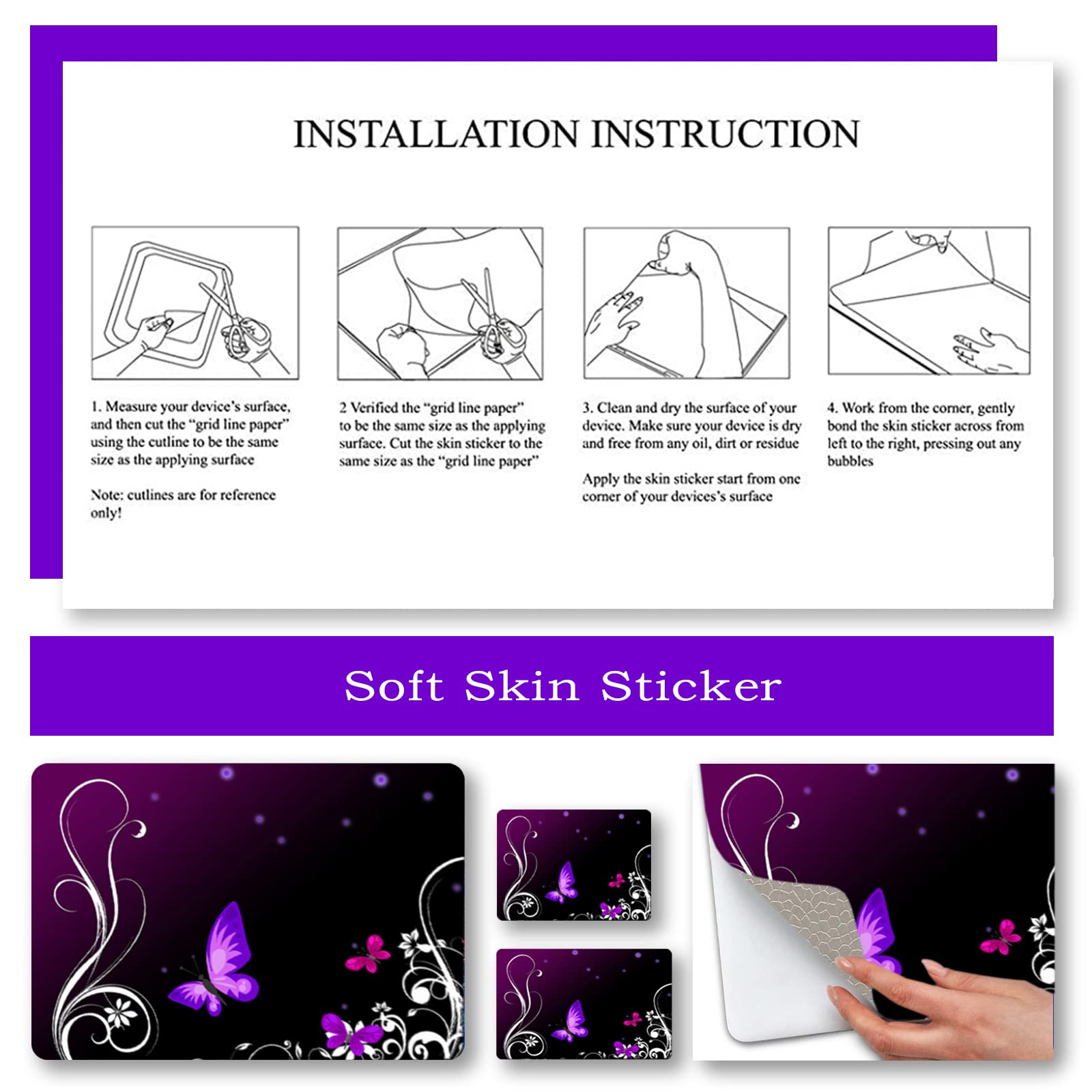 ToLuLu Laptop Skin Sticker Decal LL-SS-1012 Waterproof Removable Vinyl Purple Butterfly 12-15.6 inch with 2 Wrist Pad Skins