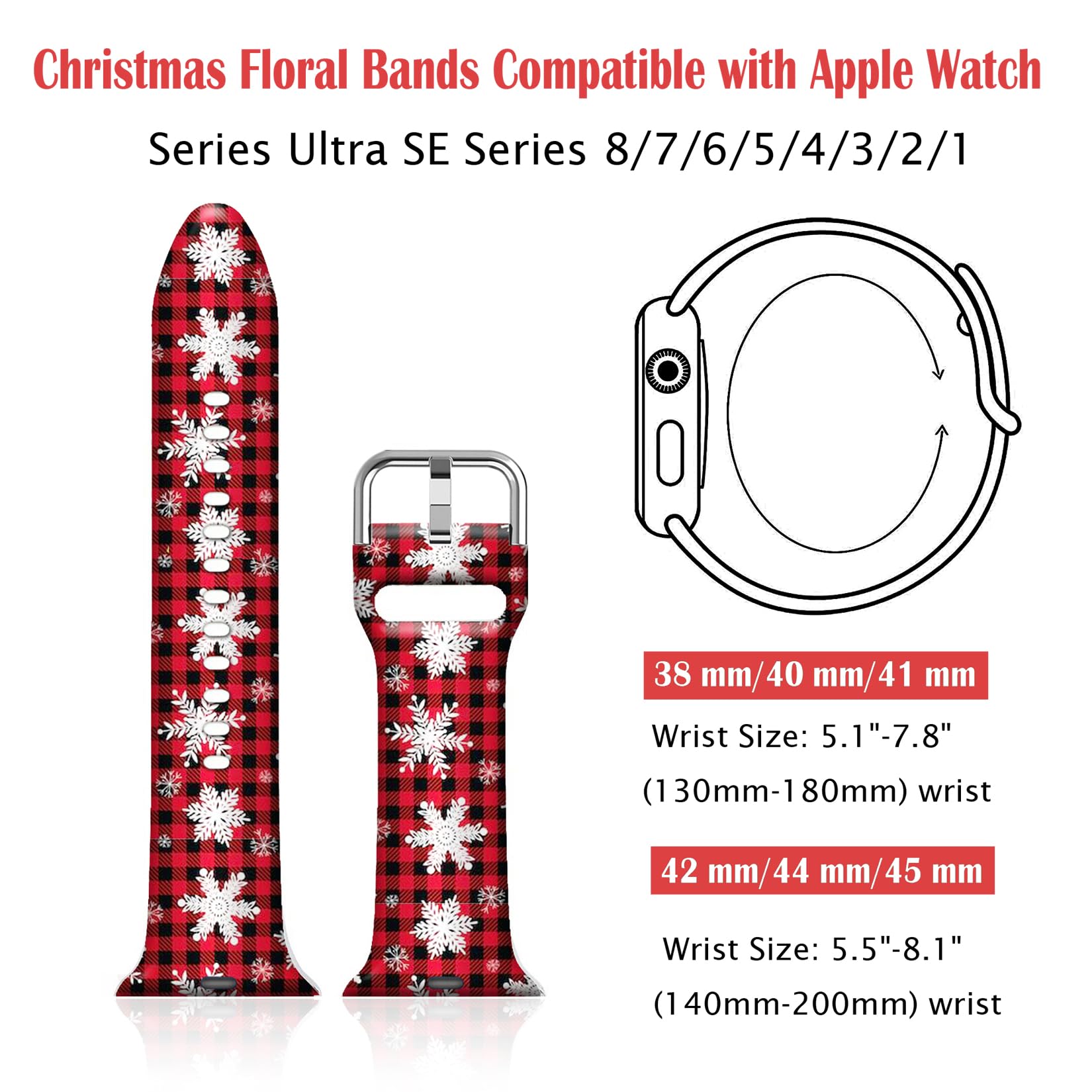 Ftfcase Holidays Christmas Watch Band Compatible With Apple Watch 41Mm 40Mm 38Mm, Soft Silicone Red Plaid Snowflake Sport Strap