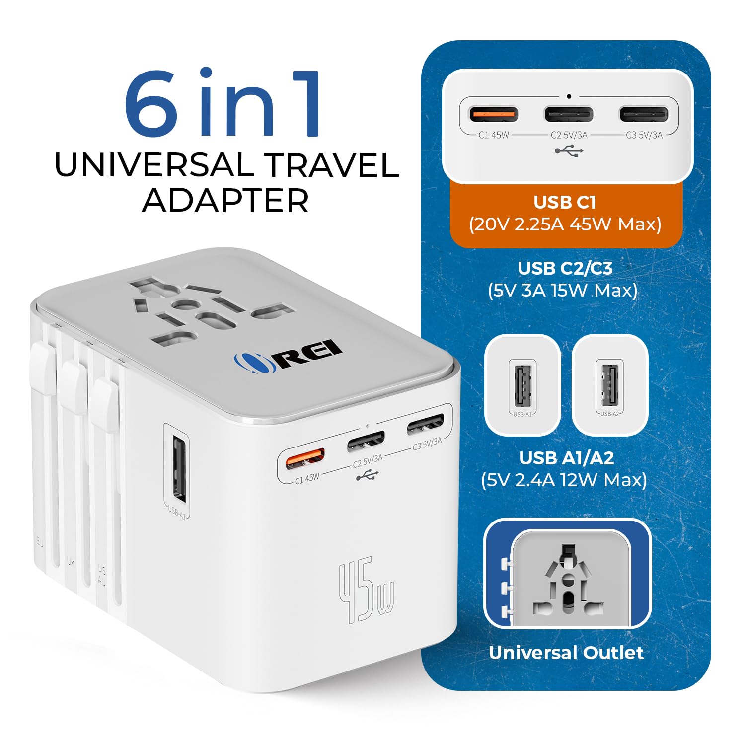 Orei 45Watt Universal Travel Adapter | 3X Usbc 2Xusb A   6 In 1 Universal Power Adapter | Universal Chargers For All Devices Com