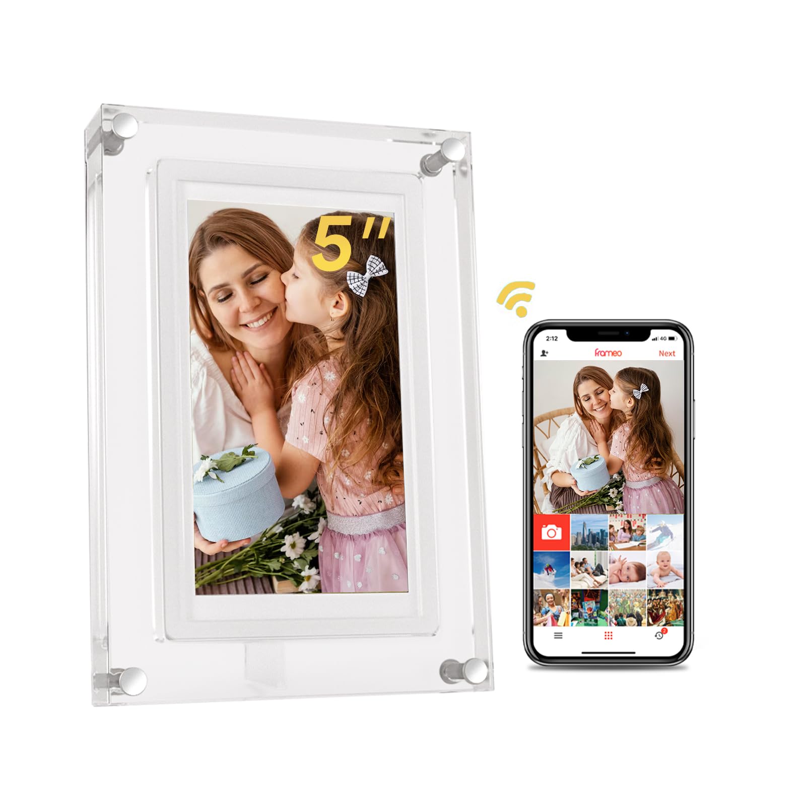 Digital Picture Frame Wifi, Frameo 5 Inch Acrylic Video Frame, Ips Lcd Touch Screen, Auto Rotation Photo/Video, Gifts For Mom&Da