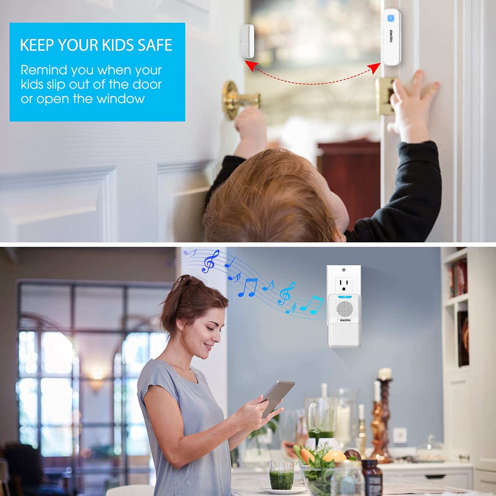 Door Chime, Wireless 600Ft Range 5 Levels Adjustable Volume Magnetic Door Open Contact Sensor With 62 Chimes Mute Mode Door Bell