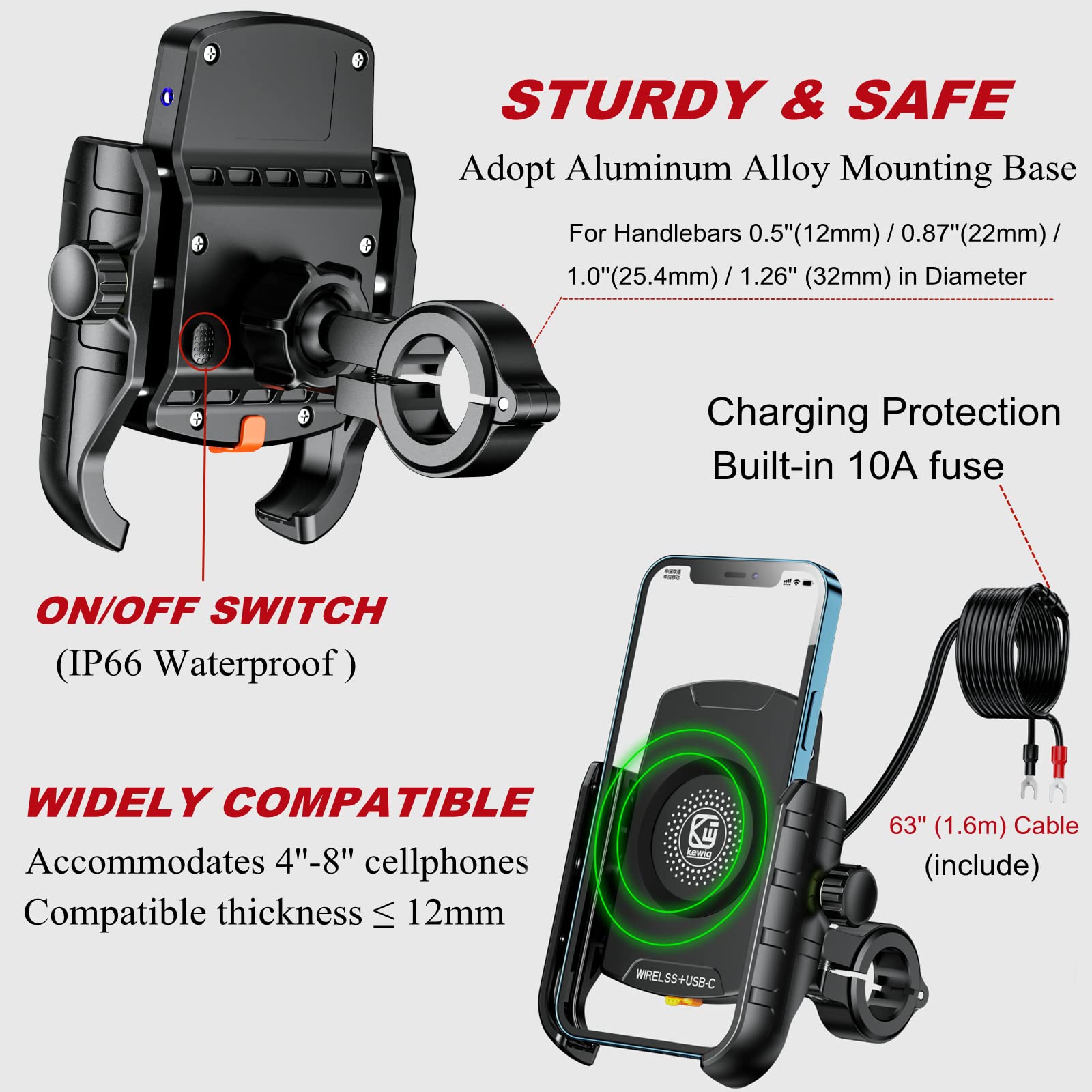 Brcovan Motorcycle Phone Mount With Qi 15W Wireless Charger & Usb C 20W Fast Charging Port, Waterproof Motorcycle Cell Phone Hol