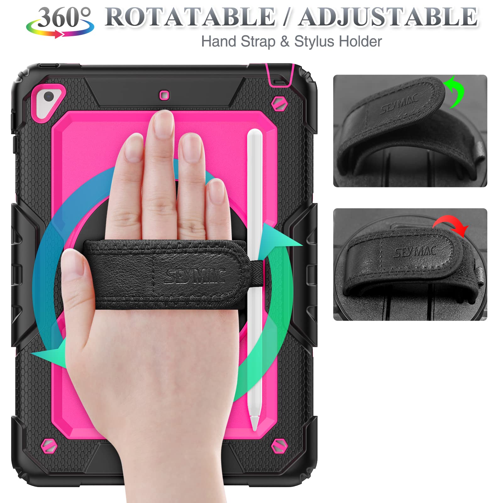 Seymac Stock Case For Ipad 6Th/5Th Generation Case 9.7'' With Screen Protector Pencil Holder [360 Rotating Hand Strap] &Stand, D